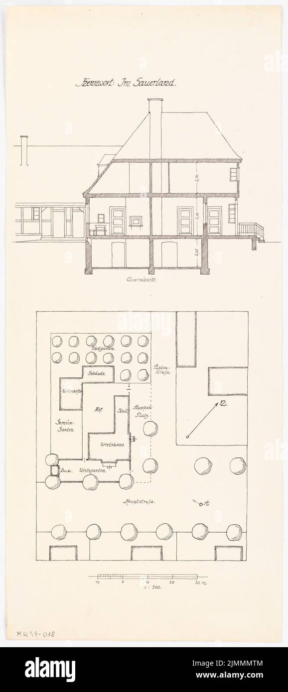 Architetto sconosciuto, economia di villaggio. Concorso mensile Settembre 1920 (09,1920): Pianta del sito 1: 500; sezione trasversale; Scala bar. Inchiostro su cartone, 51,7 x 23 cm (inclusi i bordi di scansione) Foto Stock