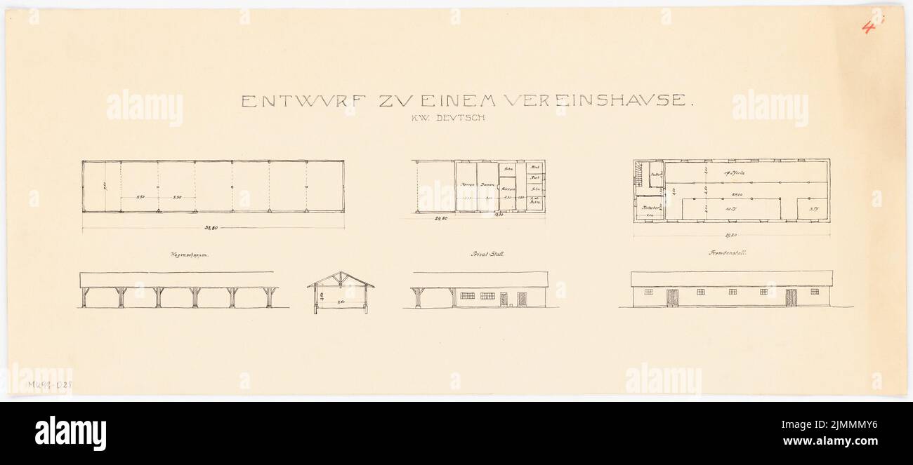 Architetto sconosciuto, club house. Concorso mensile Dicembre 1920 (12,1920): 2 scuderie e 1 baffi in pianta, vista frontale ancestrale, sezione trasversale 1. Inchiostro su cartone, 29,8 x 67,5 cm (inclusi i bordi di scansione) Foto Stock