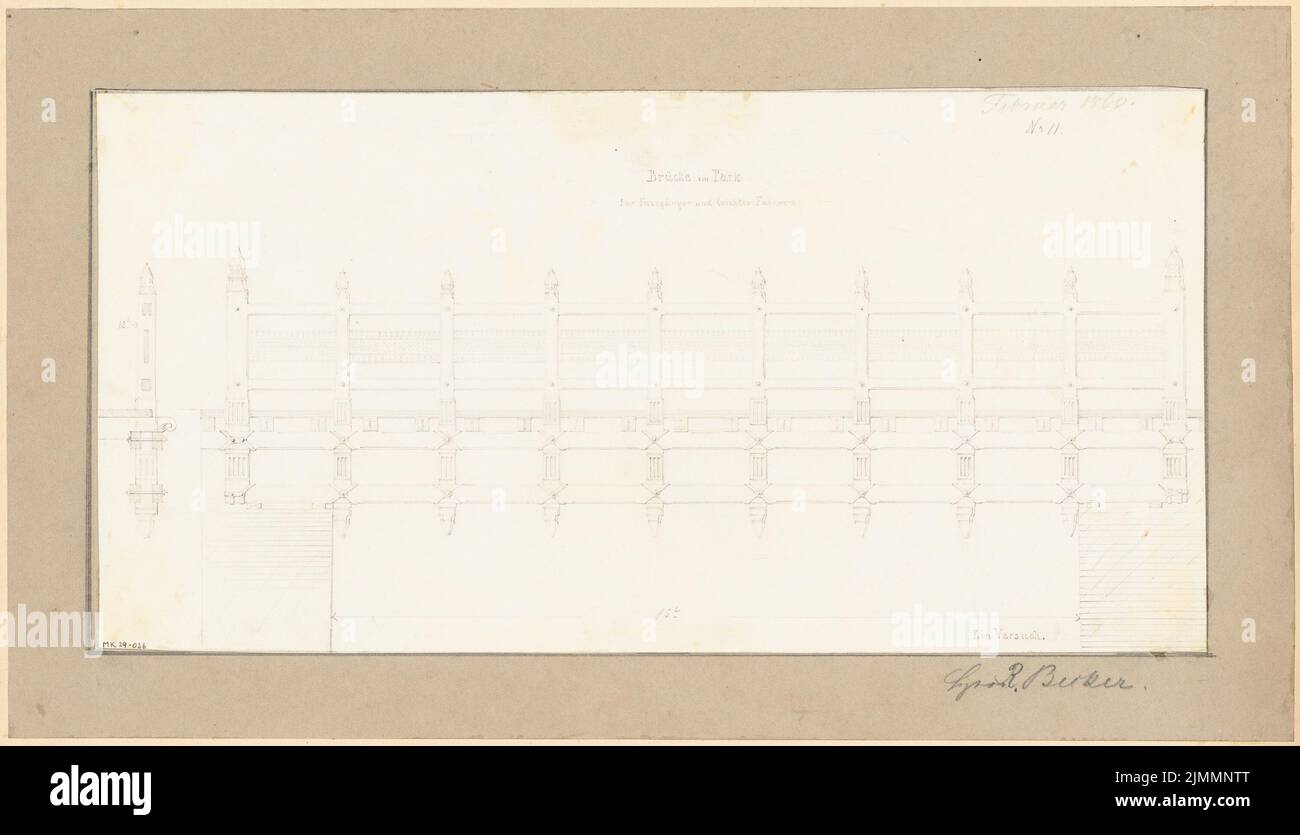 Becker Robert (1834-1866), ponte nel parco. Concorso mensile Febbraio 1860 (02,1860): Lato largo risorto con sezione longitudinale, sezione trasversale parziale. Matita su carta, 30,7 x 53,5 cm (inclusi i bordi di scansione) Foto Stock