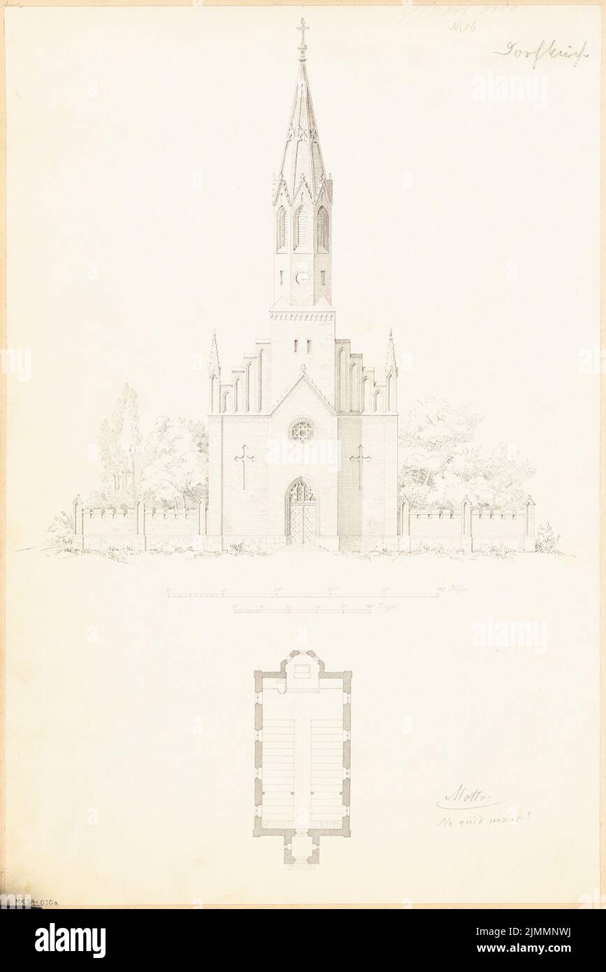 Architetto sconosciuto, chiesa del villaggio per 250 persone. Concorso mensile Marzo 1860 (03,1860): Piano terra, vista input tortura; 2 strisce di scala. Inchiostro e matita acquerello su carta, 43,2 x 28,9 cm (inclusi i bordi di scansione) Foto Stock