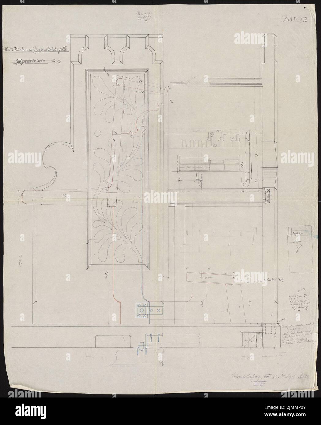 Hehl Christoph (1847-1911), Chiesa cattolica Sacra Famiglia, Berlino-Lichterfelde: Stühl. Matita, inchiostro trasparente, 134,2 x 108,2 cm (compreso il bordo di scansione). Foto Stock