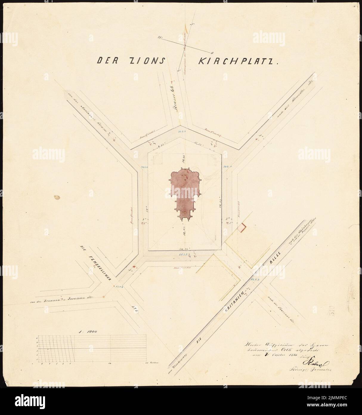 Orth August (1828-1901), Sionskirche, Berlino (07.10.1866): Monte della Kirchplatz 1: 1000. Inchiostro, matita, inchiostro colorato, acquerello su cartone, 40,3 x 37,7 cm (inclusi i bordi di scansione) Foto Stock