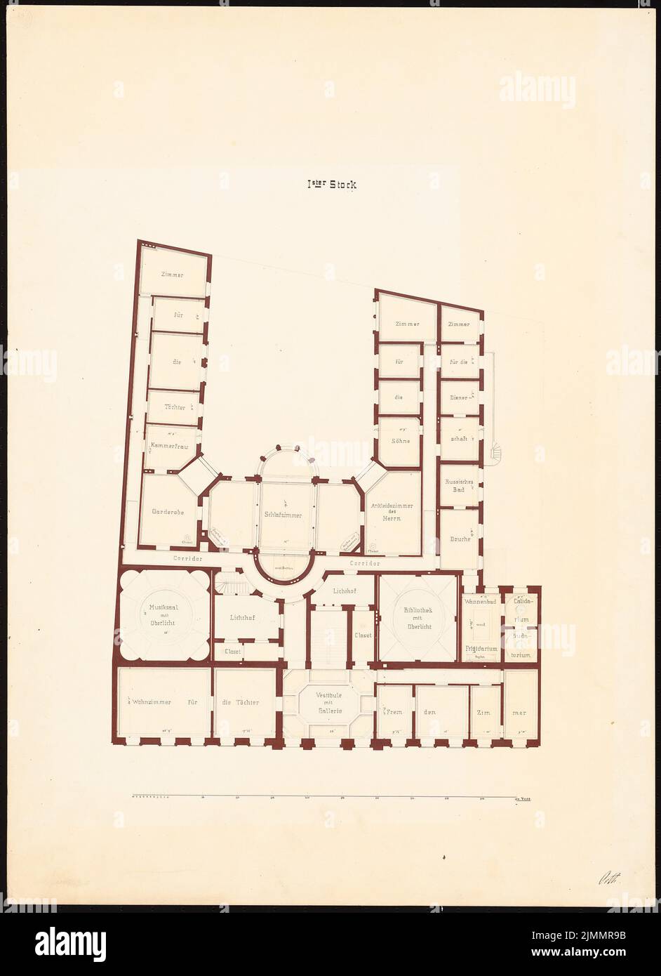 Orth August (1828-1901), Wilhelmstraße 70 (Villa Strousberg), Berlino (1867): Pianta piano 1st. Acquerello Tusche sulla scatola, 72 x 52,2 cm (inclusi i bordi di scansione) Foto Stock