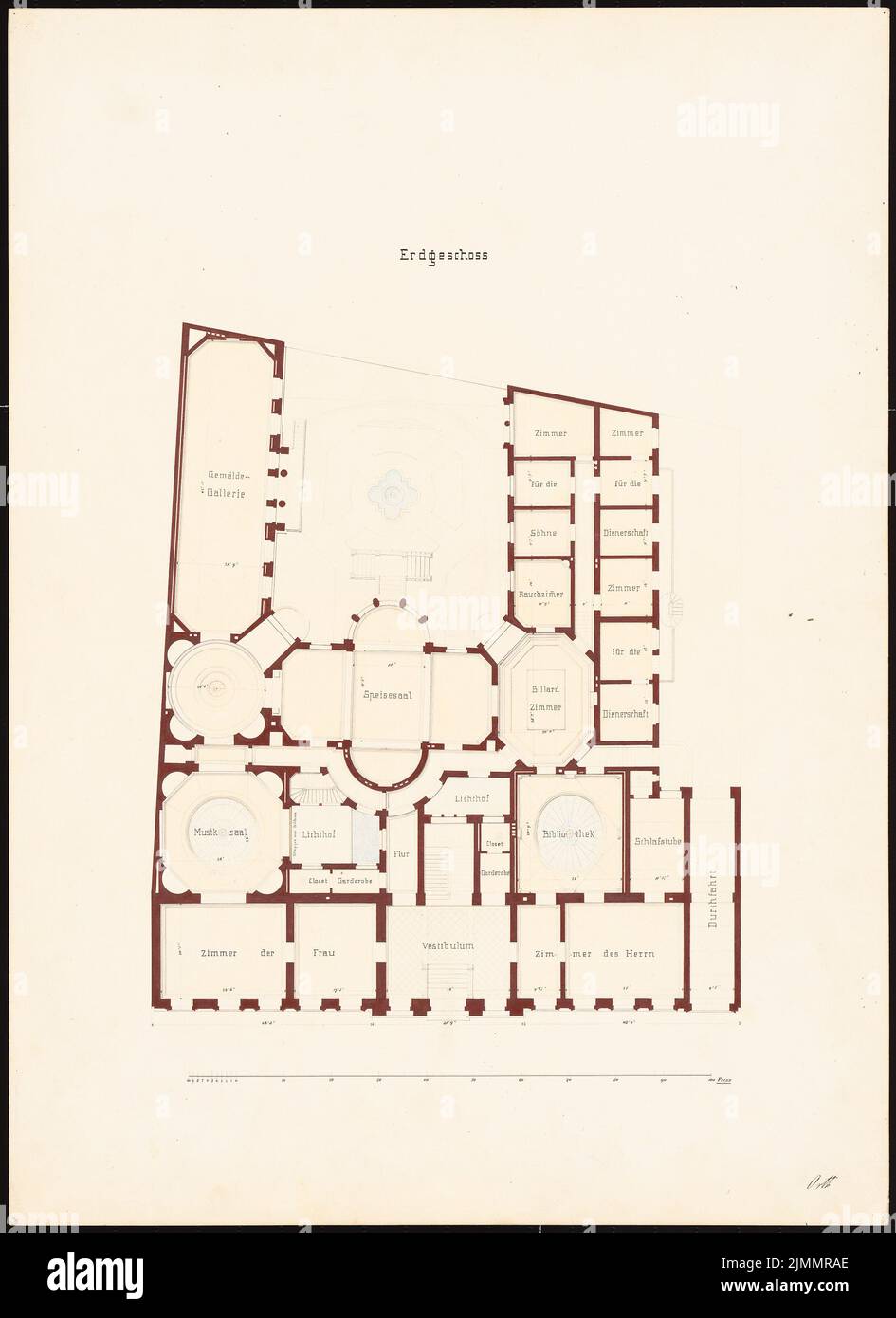 Orth August (1828-1901), edificio residenziale di Wilhelmstraße (Villa Strousberg), Berlino (1867): Grundriss EG. Inchiostro, colore inchiostro, acquerello su cartone, 71,7 x 52,2 cm (inclusi i bordi di scansione) Foto Stock