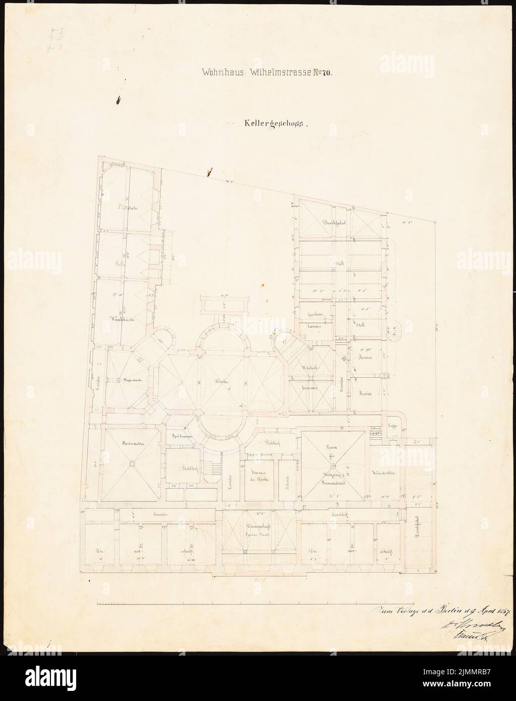 Orth August (1828-1901), Wilhelmstraße 70 (Villa Strousberg), Berlino (09.04.1867): Grundriss KG. Acquerello Tusche su carta, 62,8 x 49,5 cm (inclusi i bordi di scansione) Foto Stock