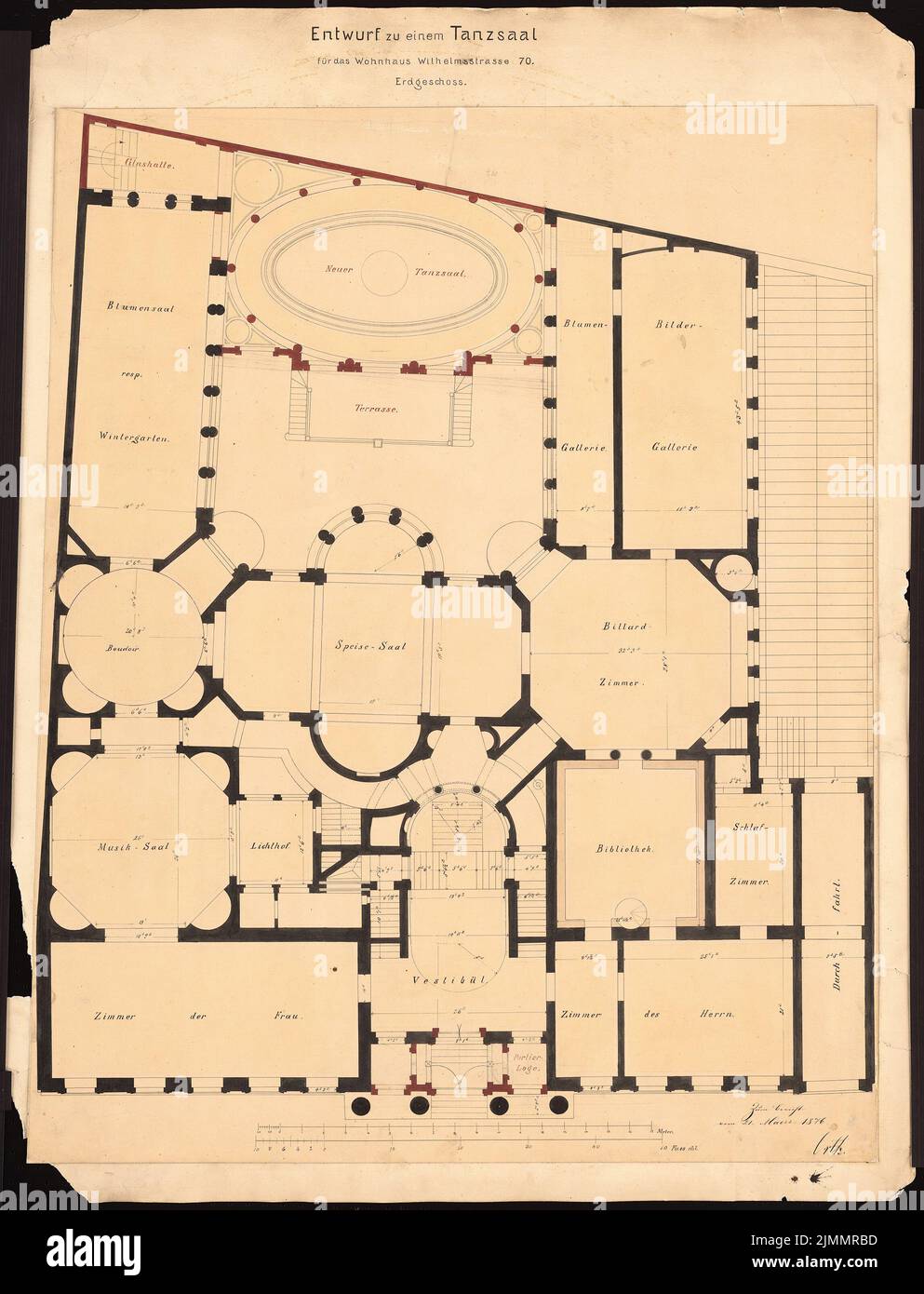 Orth & Knoblauch, edificio residenziale di Wilhelmstraße (Villa Strousberg), Berlino. Conversione (03/21/1876): Grundriss EG con sala da ballo 1:50, alla relazione del 21,3.1876. Inchiostro, matita, inchiostro colorato, acquerello su cartone, 96,4 x 73,7 cm (inclusi i bordi di scansione) Foto Stock