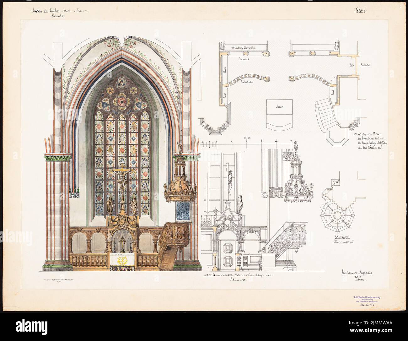 DIMM Ludwig (1849-1928), Liebfrauenkirche, Brema. Espansione (14.08.1911): Vista, vista laterale, pianta del pavimento e dettaglio della zona dell'altare 1:33 1/3. Matita acquerello su carta, 63,4 x 82,8 cm (inclusi i bordi di scansione) Foto Stock