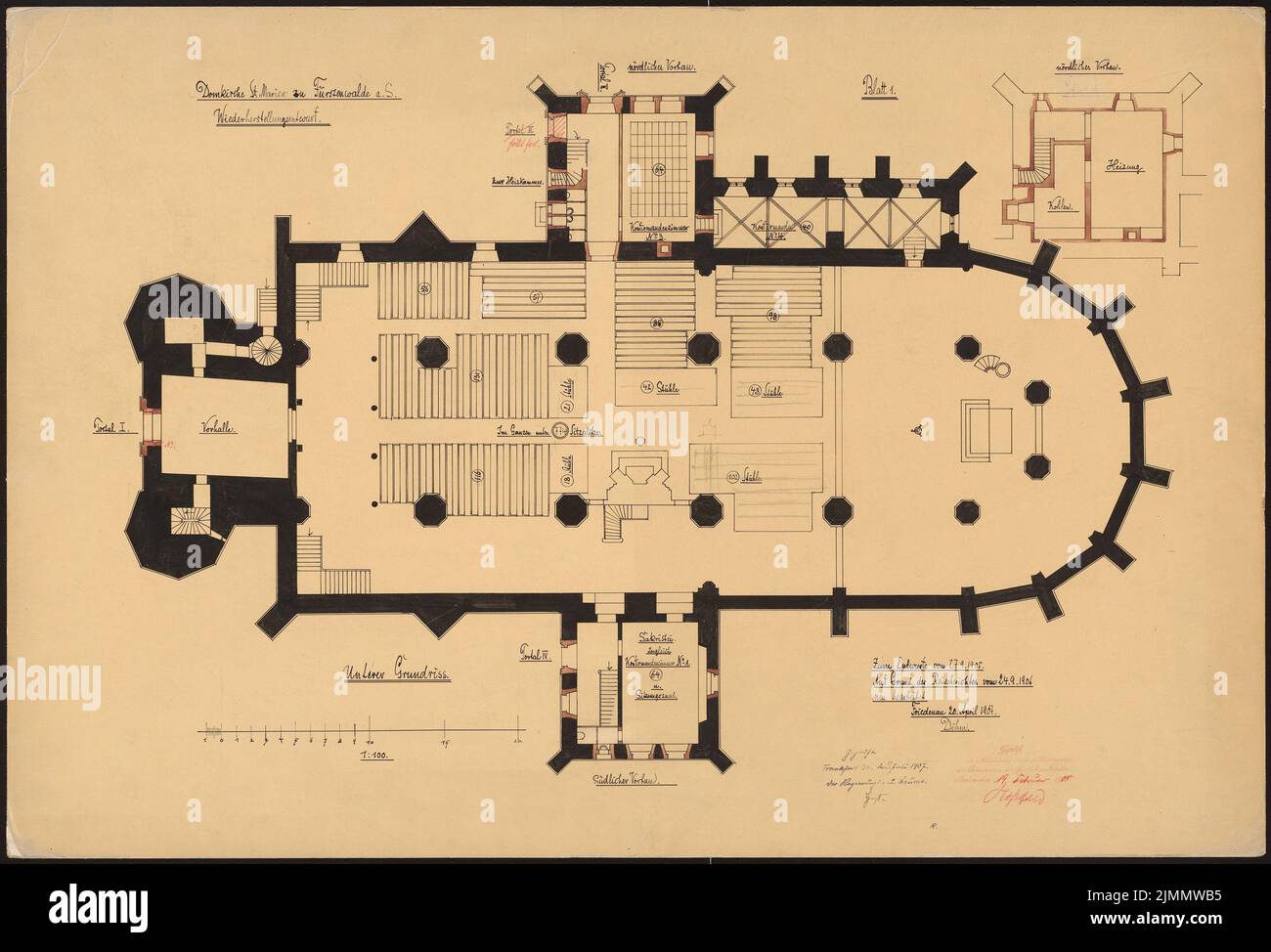 DIMM Ludwig (1849-1928), Chiesa Cattedrale di San Marien, Fürstenwalde/Spree. Restauro. (04/20/1907): 2nd progetto di recupero, piano inferiore 1: 100. Inchiostro, matita, ad acqua su trasparente, 58,5 x 86 cm (inclusi i bordi di scansione) Foto Stock DIMM Ludwig (1849-1928), Chiesa Cattedrale di San Marien, Fürstenwalde/Spree. Restauro. (04/20/1907): 2nd progetto di recupero, piano inferiore 1: 100. Inchiostro, matita, ad acqua su trasparente, 58,5 x 86 cm (inclusi i bordi di scansione) Foto Stock