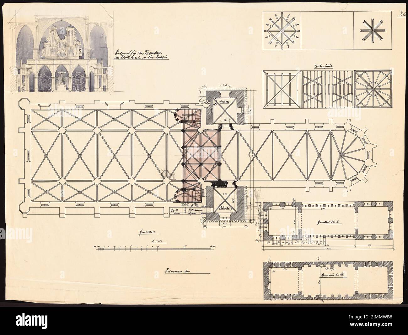 DIMM Ludwig (1849-1928), Klosterkirche, Neuruppin. Edificio a torre (1904-1904): Piani, supervisione del tetto 1: 100, con galleria delineata. Tusche, matita con acquarelatura a pressione con schizzo ad acquerello, 57 x 75,6 cm (inclusi i bordi di scansione) Foto Stock