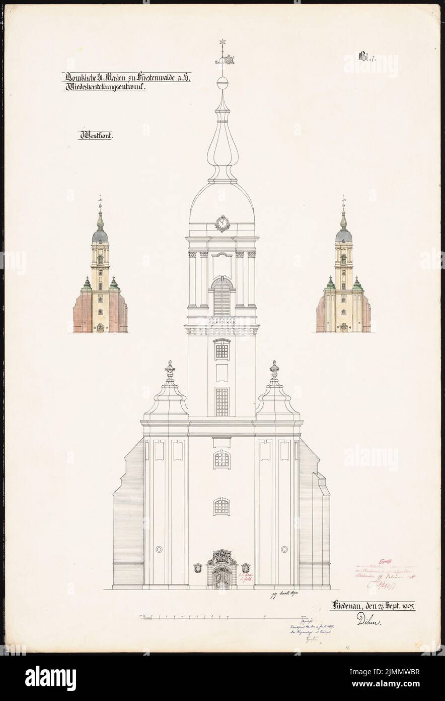 DIMM Ludwig (1849-1928), Chiesa Cattedrale di San Marien, Fürstenwalde/Spree. Restauro. (09/27/1905): 1. Progetto di restauro, fronte occidentale 1: 100, 2 viste alternative. Acquerello Tusche sulla scatola, 86,9 x 59,1 cm (inclusi i bordi di scansione) Foto Stock