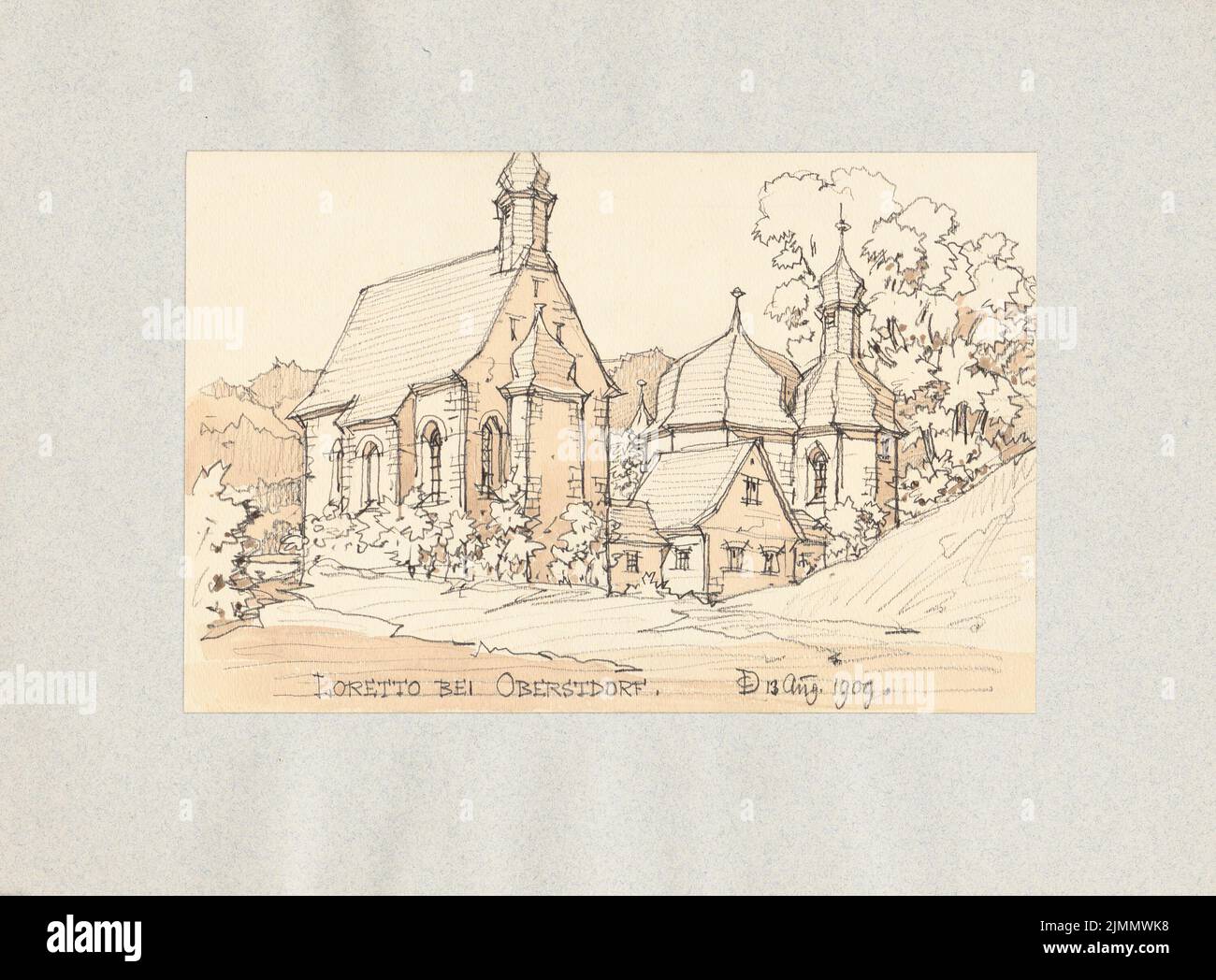 Dollinger Conrad (1840-1925), Loretto vicino Oberstdorf (13.08.1909): Vista prospettica di una chiesa. Acquerello a matita sulla scatola, 23,3 x 31,7 cm (inclusi i bordi di scansione) Foto Stock