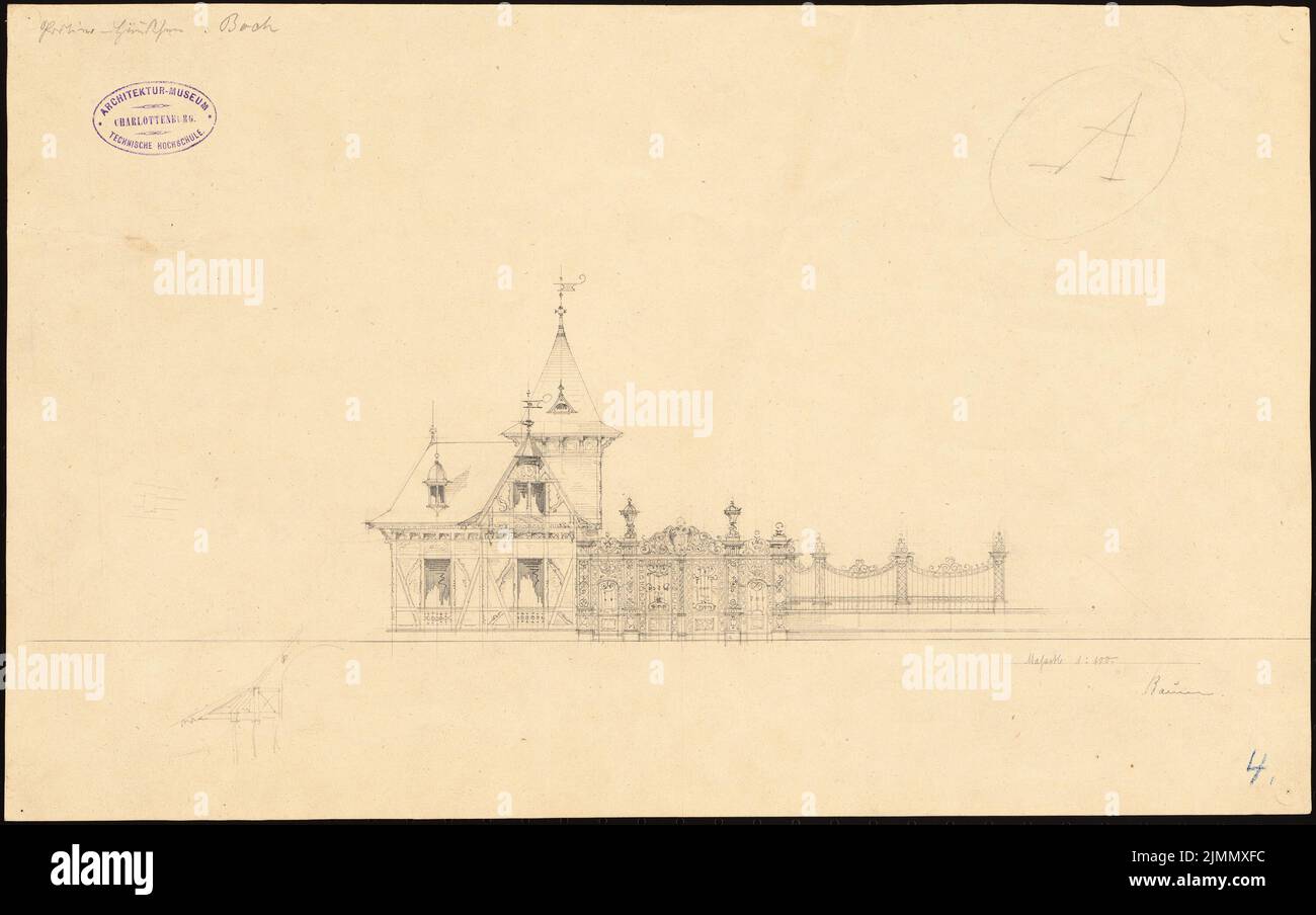 Baum Philipp (1849-1886), case di facchino sul parco del Geh. Consigliere commerciale Boch, Mettlach (1885): Vista B con cancello e griglia 1: 100. Matita su carta, 29,9 x 47,6 cm (inclusi i bordi di scansione) Foto Stock