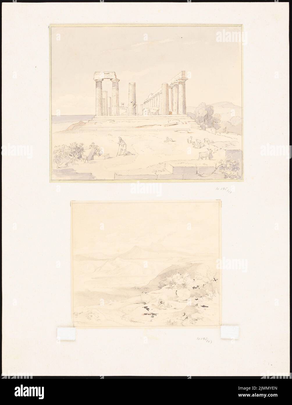 Lange Ludwig (1808-1868), rovine del tempio, paesaggio montano meridionale (senza data): 2 viste prospettiche. Matita acquerello su carta, 39,4 x 30,4 cm (inclusi i bordi di scansione) Foto Stock