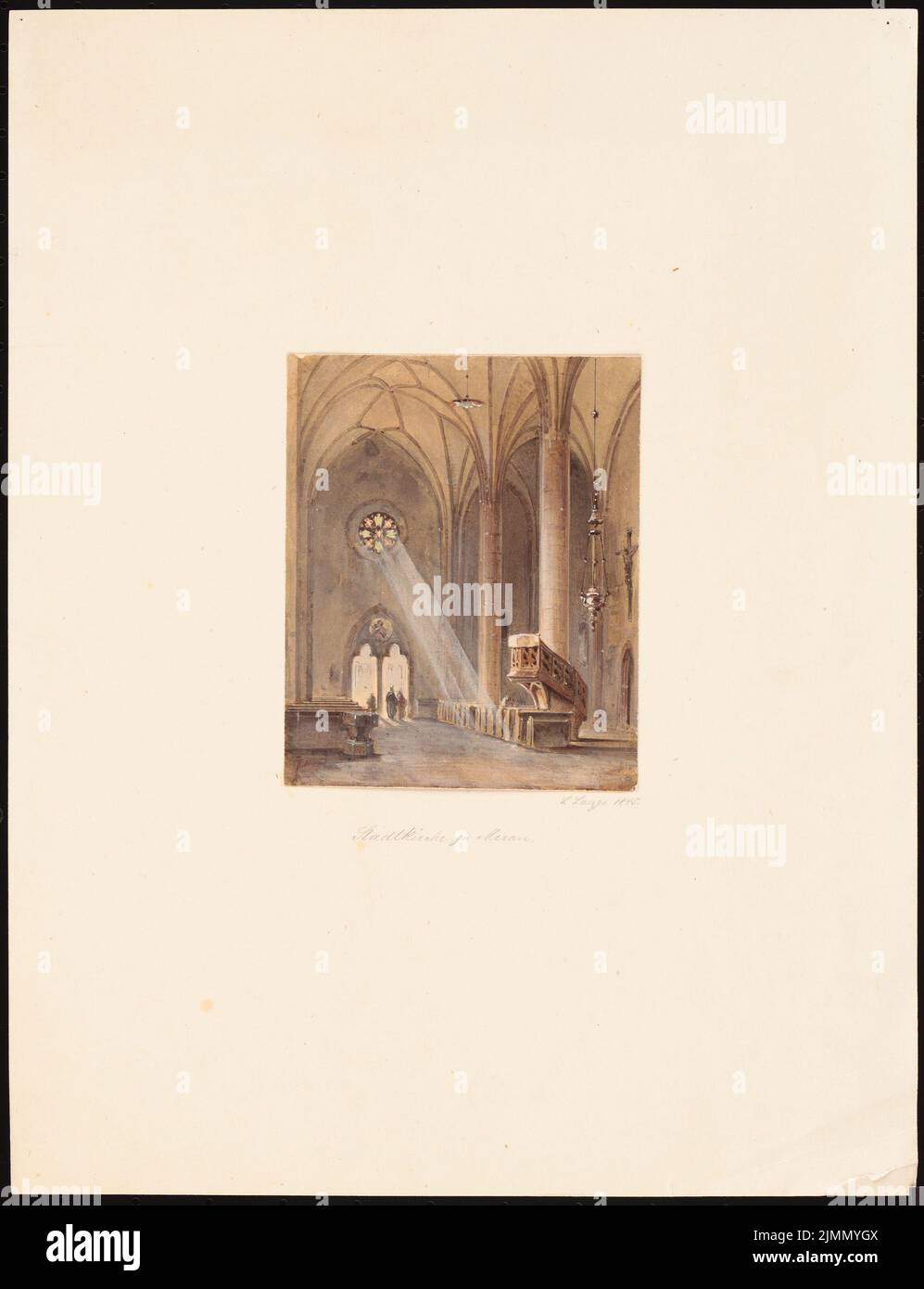 Lange Ludwig (1808-1868), Chiesa di Merano (1845): Vista prospettica interna. Matita colorata ad acqua, bianca con bordo superiore su carta, 39,5 x 30,3 cm (inclusi i bordi di scansione) Foto Stock