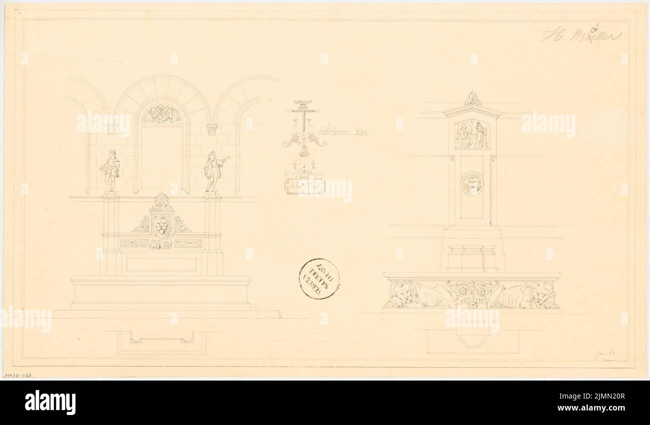 Möller Hermann (1821-1885), fontana da bere. Concorso mensile 1862 giugno (06,1862): 2 altre varianti (oltre a MK 30-027 e MK 30-029) con ciascuna: Piano del pavimento, vista anteriore; 2 strisce di scala. Inchiostro su cartone, 31,7 x 54 cm (inclusi i bordi di scansione) Foto Stock