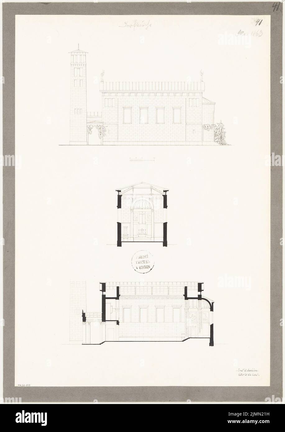 Architetto sconosciuto, chiesa del villaggio. Concorso mensile Maggio 1863 (05,1863): Vista laterale RISS, sezione longitudinale, sezione trasversale; barra di scala. Acquerello Tusche su carta, 59,4 x 42 cm (inclusi i bordi di scansione) Foto Stock