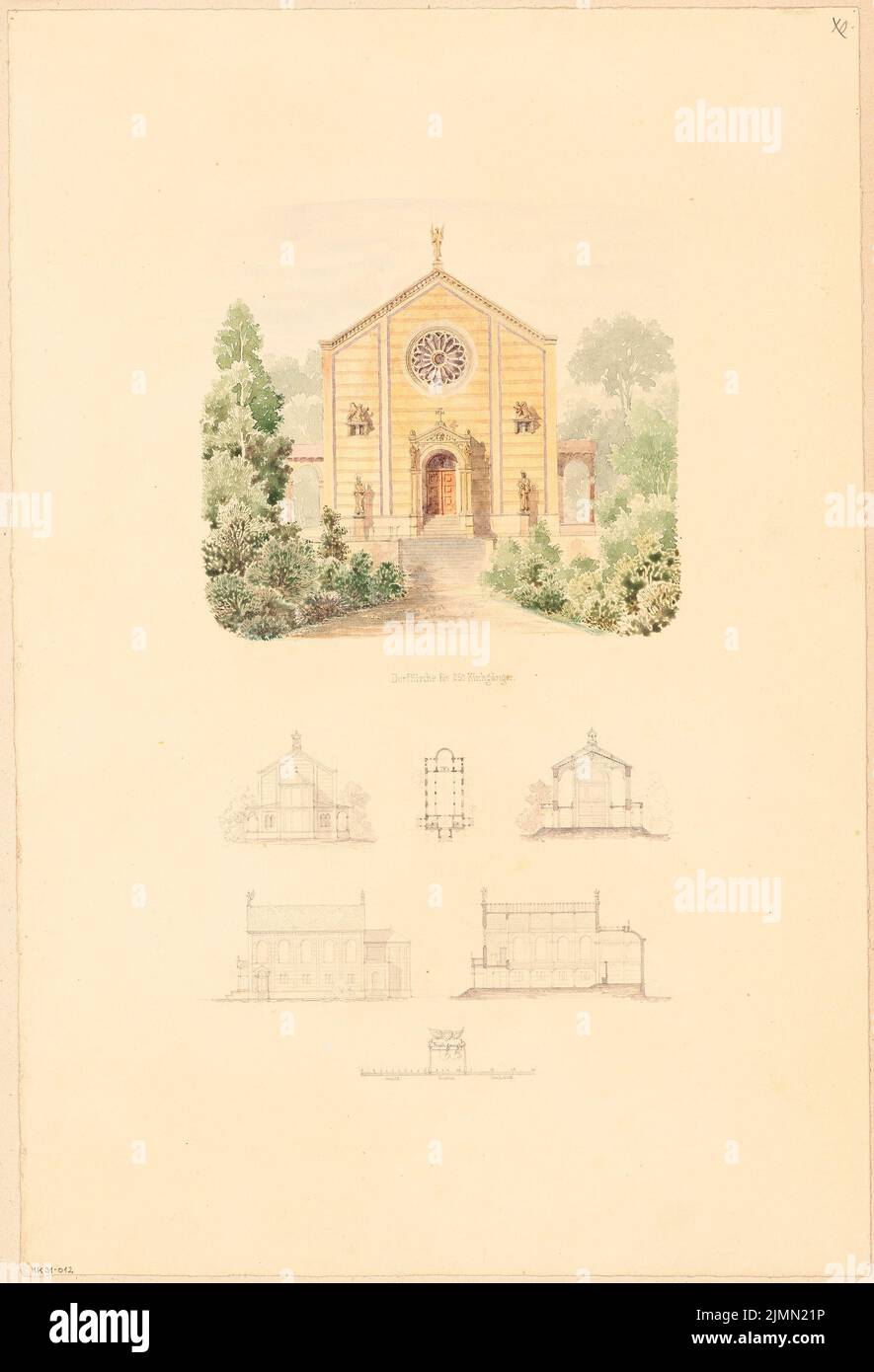 Architetto sconosciuto, chiesa del villaggio per 250 persone. Concorso mensile Maggio 1864 (05,1864): Piano, vista input tortura, vista laterale, vista corale, sezione longitudinale, Sezione trasversale; barra di scala. Acquerello a matita sulla scatola, 51,1 x 34,8 cm (inclusi i bordi di scansione) Foto Stock