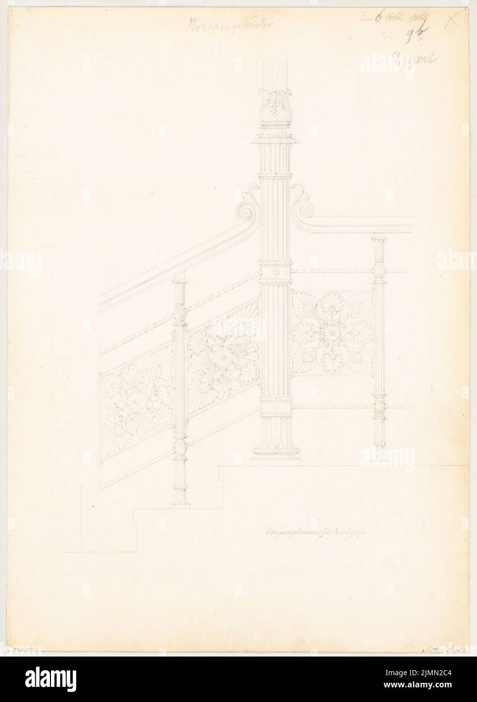 Eggert Hermann (1844-1920), ringhiera per scale. Concorso mensile Ottobre 1866 (10,1866): Vista laterale superiore. Matita su cartone, 59,4 x 43,2 cm (inclusi i bordi di scansione) Foto Stock