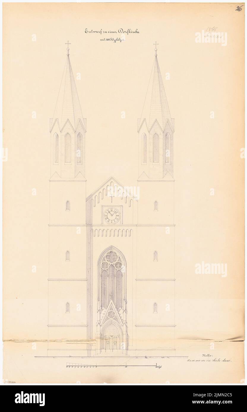 Sconosciuto architetto, chiesa del villaggio con 300 posti a sedere. Concorso mensile nel gennaio 1865 (01,1865): Torre e ingresso vista torre; Scala bar. Inchiostro su cartone, 67,9 x 43,5 cm (inclusi i bordi di scansione) Foto Stock