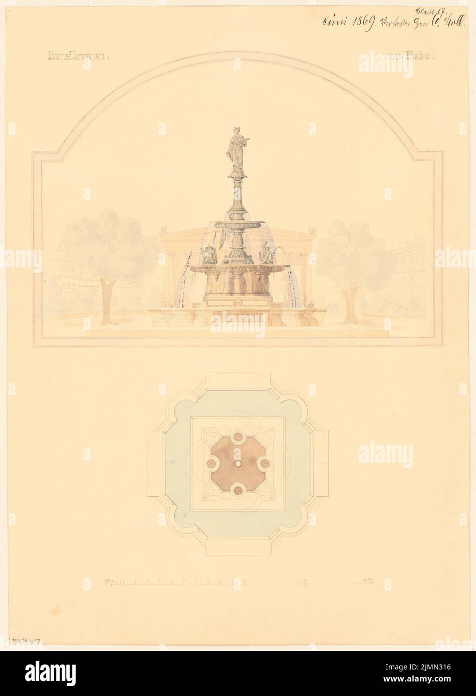 Stoll Carl (1844-1909), fontana del mercato. Concorso mensile Giugno 1869 (06,1869): Pianta, vista; Scala bar. Acquerello a matita sulla scatola, 46,3 x 33,8 cm (inclusi i bordi di scansione) Foto Stock