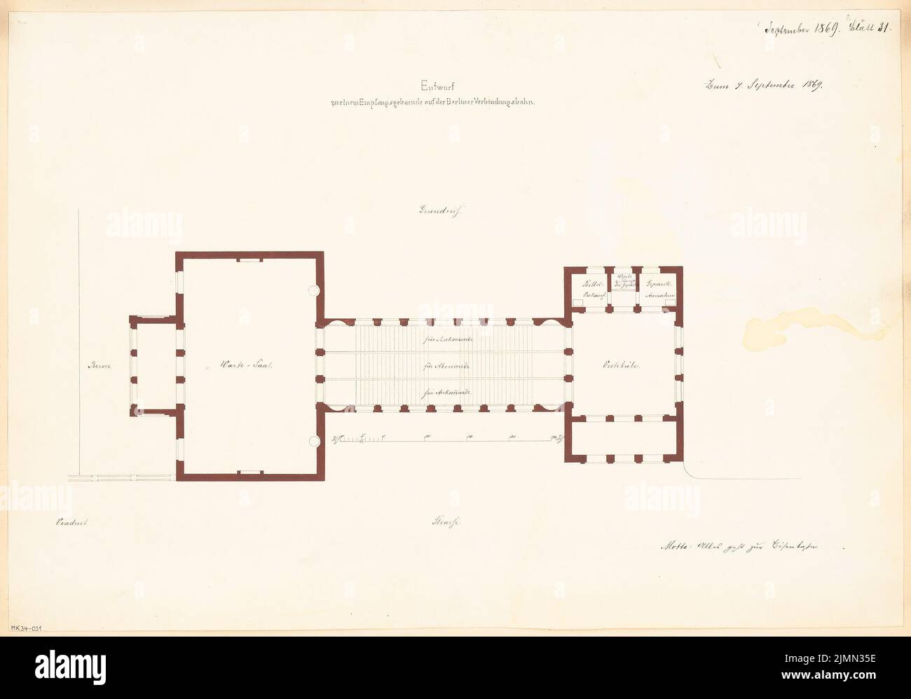 Architetto sconosciuto, stazione ferroviaria. Concorso mensile Settembre 1869 (09,1869): Pianta piano terra; Scala bar. Acquerello Tusche su carta, 39,8 x 57 cm (inclusi i bordi di scansione) Foto Stock