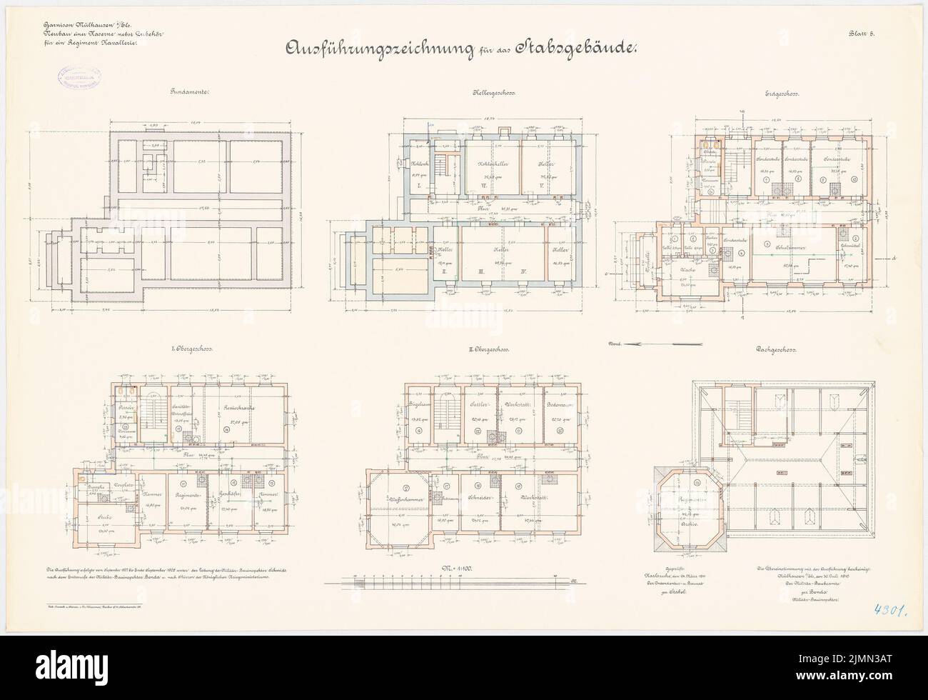 Benda, caserme di cavalleria a Mülhausen (1906-1908): Edificio in stab: Pianerottole, seminterrato, piano terra, 1st e 2nd piano, mansarda 1: 100. Litografia, 66,4 x 96,9 cm (inclusi i bordi di scansione) Foto Stock