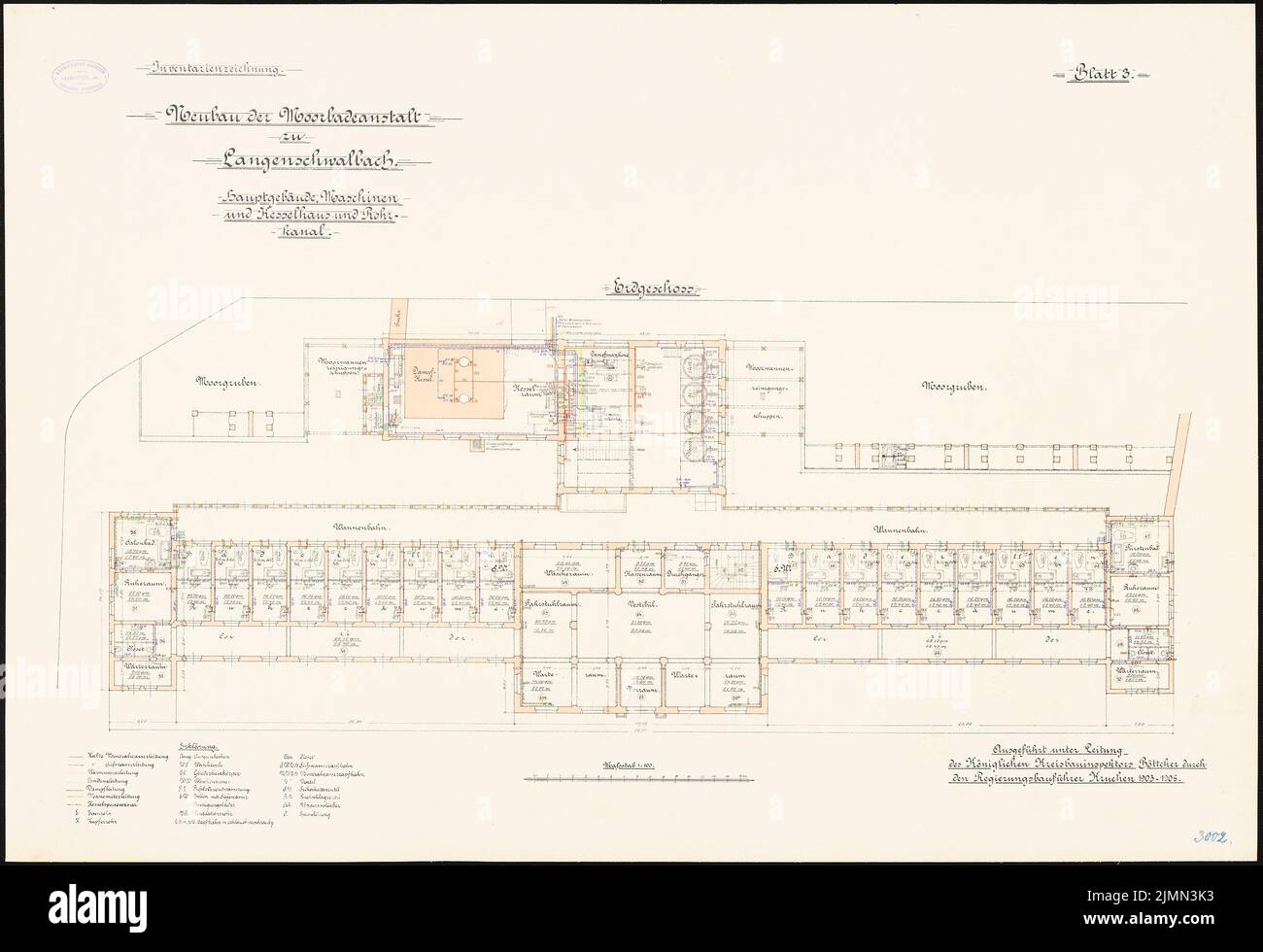 Böttcher, Moorbadanstalt a Langenschwalbach. Edificio principale, casa macchine e caldaie, canale di tubazioni (1903-1905): Pianta del piano terra 1: 100. Litografia, 68,9 x 100,5 cm (inclusi i bordi di scansione) Foto Stock