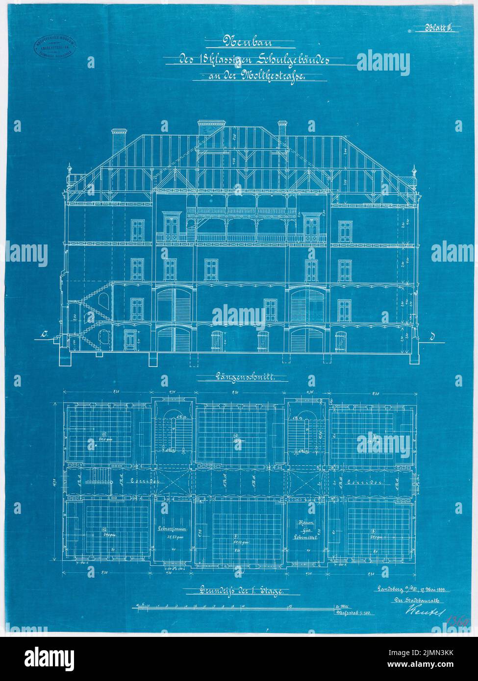 Architetto sconosciuto, scuola per 18 classi a Landsberg (1899): Piano 1st, sezione longitudinale 1: 100. Litografia, 67,5 x 50,7 cm (inclusi i bordi di scansione) Foto Stock