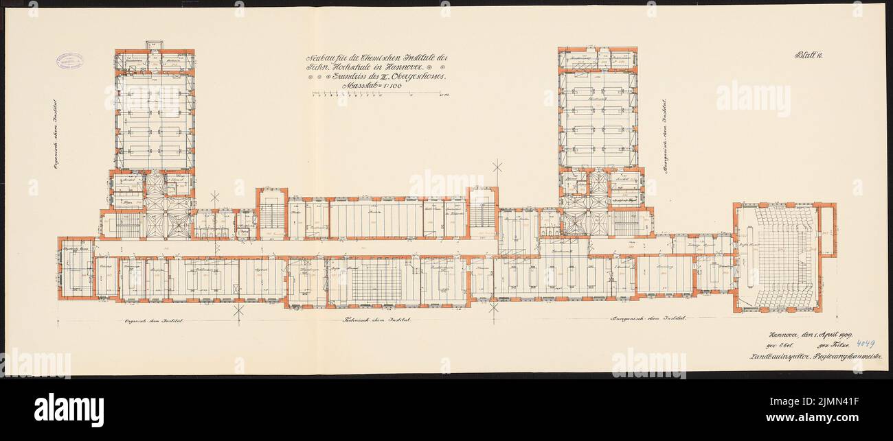 Thür Georg (1846-1924), istituti chimici dell'Università tecnica di Hannover. Haupthaus (01.04.1909): Piano 2nd piano 1: 100. Litografia, 62,4 x 146,6 cm (inclusi i bordi di scansione) Foto Stock