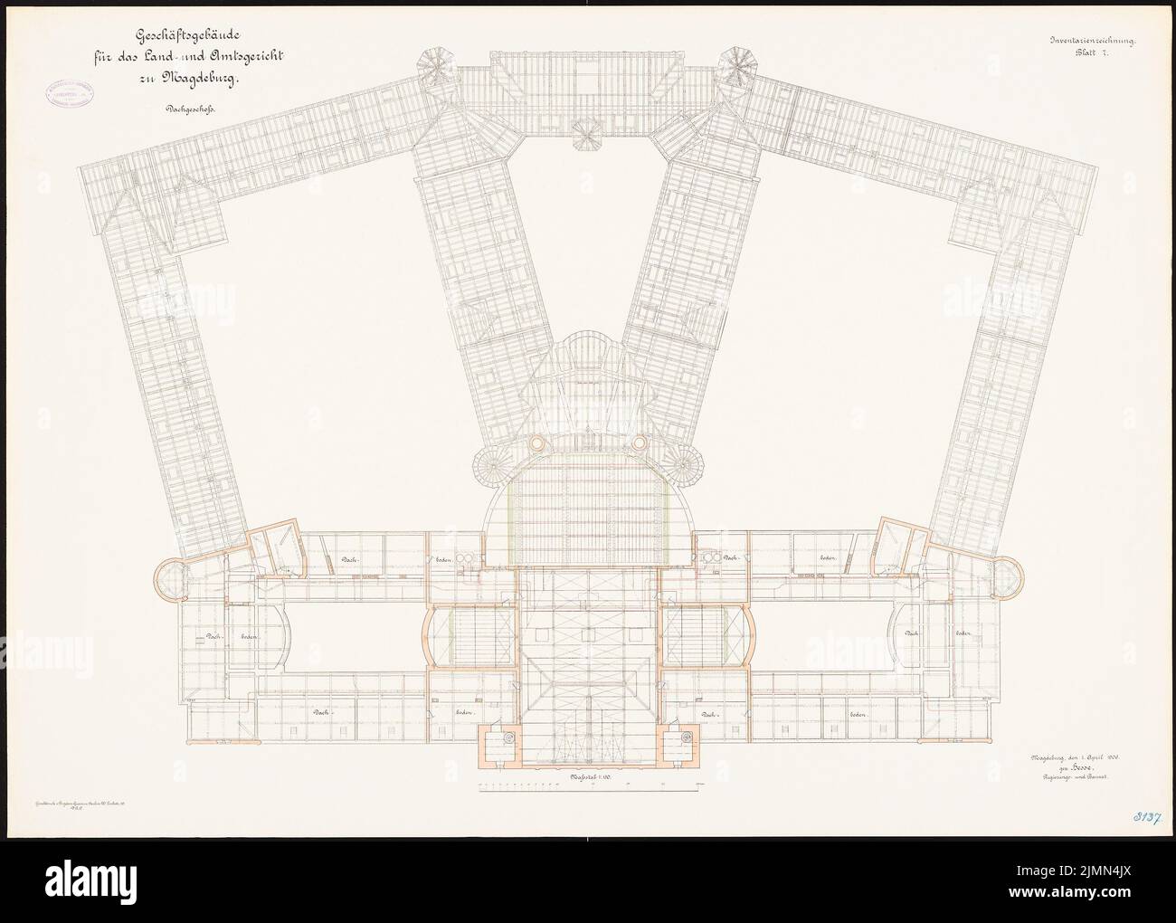 Sconosciuto architetto, distretto e tribunale distrettuale di Magdeburg (1906): Pianta piano 1: 150. Litografia, 79,2 x 110,7 cm (inclusi i bordi di scansione) Foto Stock