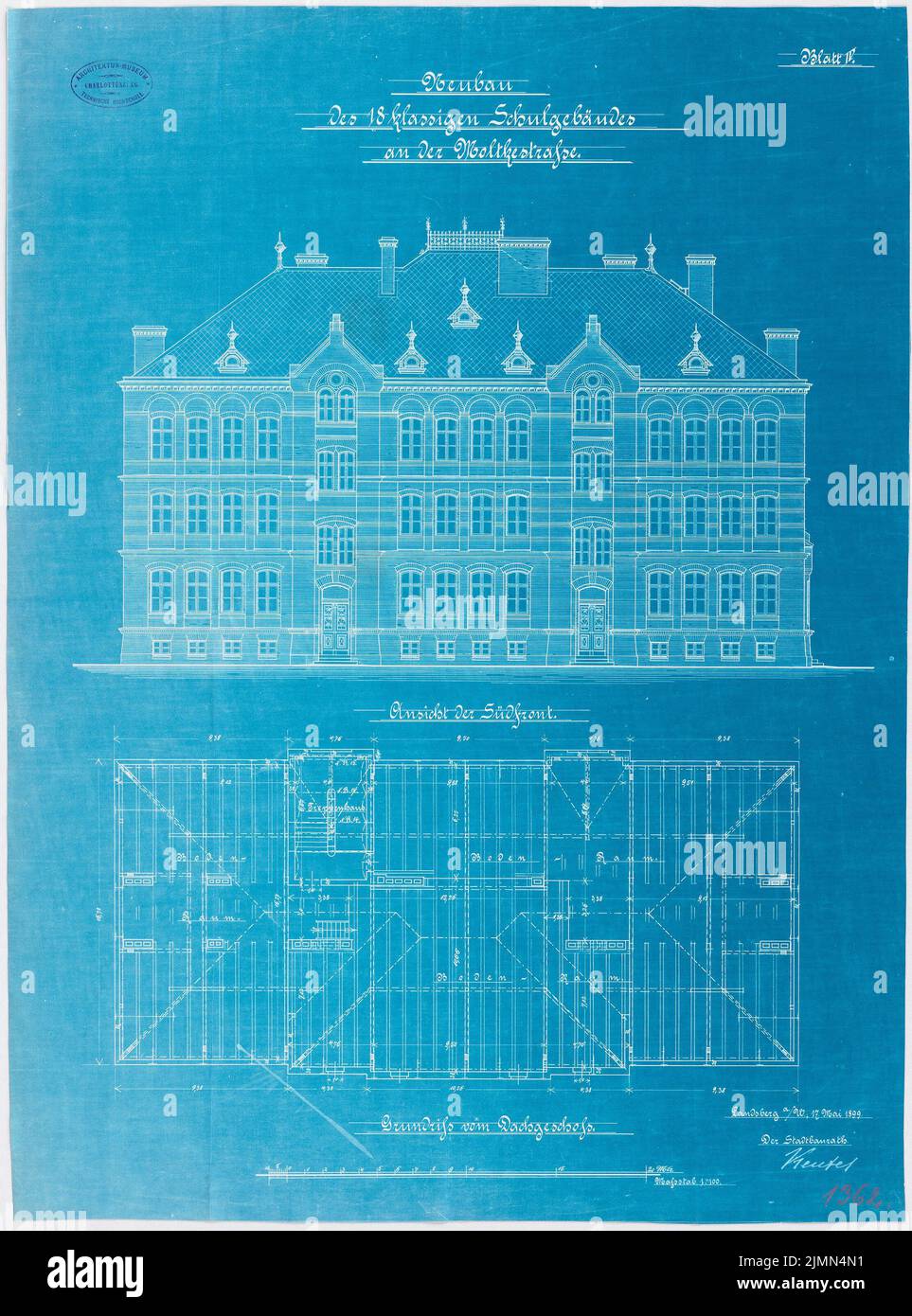 Architetto sconosciuto, scuola per 18 classi a Landsberg (1899): Piano attico, vista sud aperta 1: 100. Litografia, 67,7 x 50,2 cm (inclusi i bordi di scansione) Foto Stock