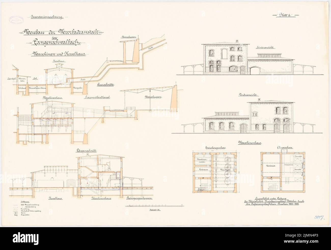 Böttcher, Moorbadanstalt a Langenschwalbach. Casa macchine e caldaie (1903-1905): Pianta del pavimento piani intermedi e piani superiori, vista frontale e posteriore aperta, sezione longitudinale, sezioni trasversali 1: 100. Litografia, 69,3 x 100,9 cm (inclusi i bordi di scansione) Foto Stock