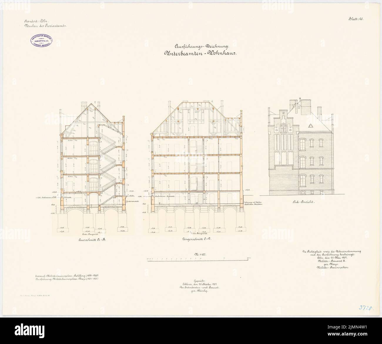 Rohlfing, Provisamt, Colonia. Casa dei dipendenti subcivili (ca 1907): sezione trasversale e taglio longitudinale, vista sud 1: 100. Litografia, 66,2 x 79,6 cm (inclusi i bordi di scansione) Foto Stock