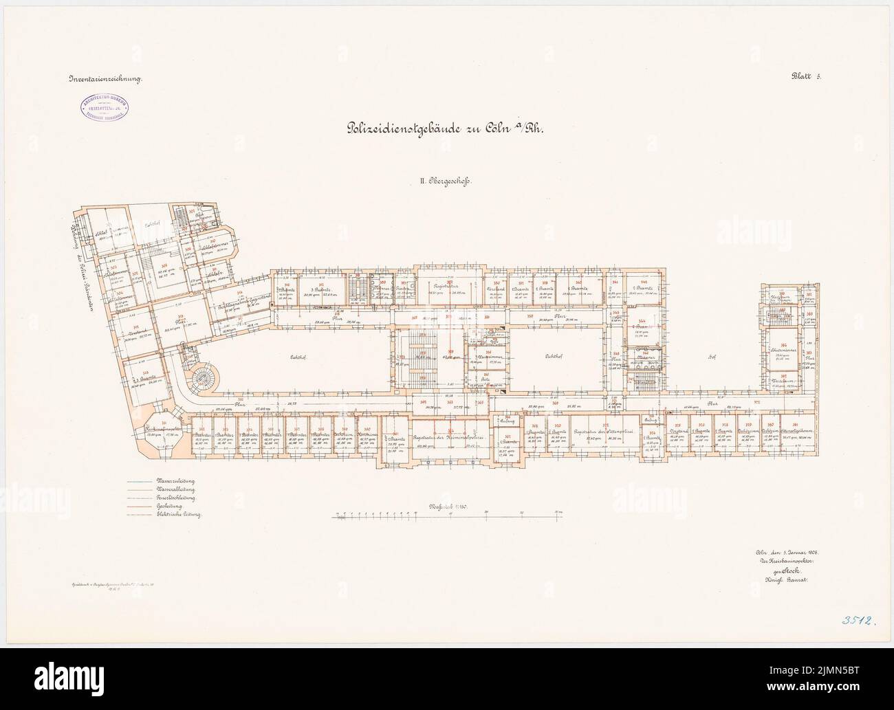 Architetto sconosciuto, edificio di servizio della polizia, Colonia (ca 1908): pianta 2nd piano 1: 150. Litografia, 60,9 x 83,9 cm (inclusi i bordi di scansione) Foto Stock