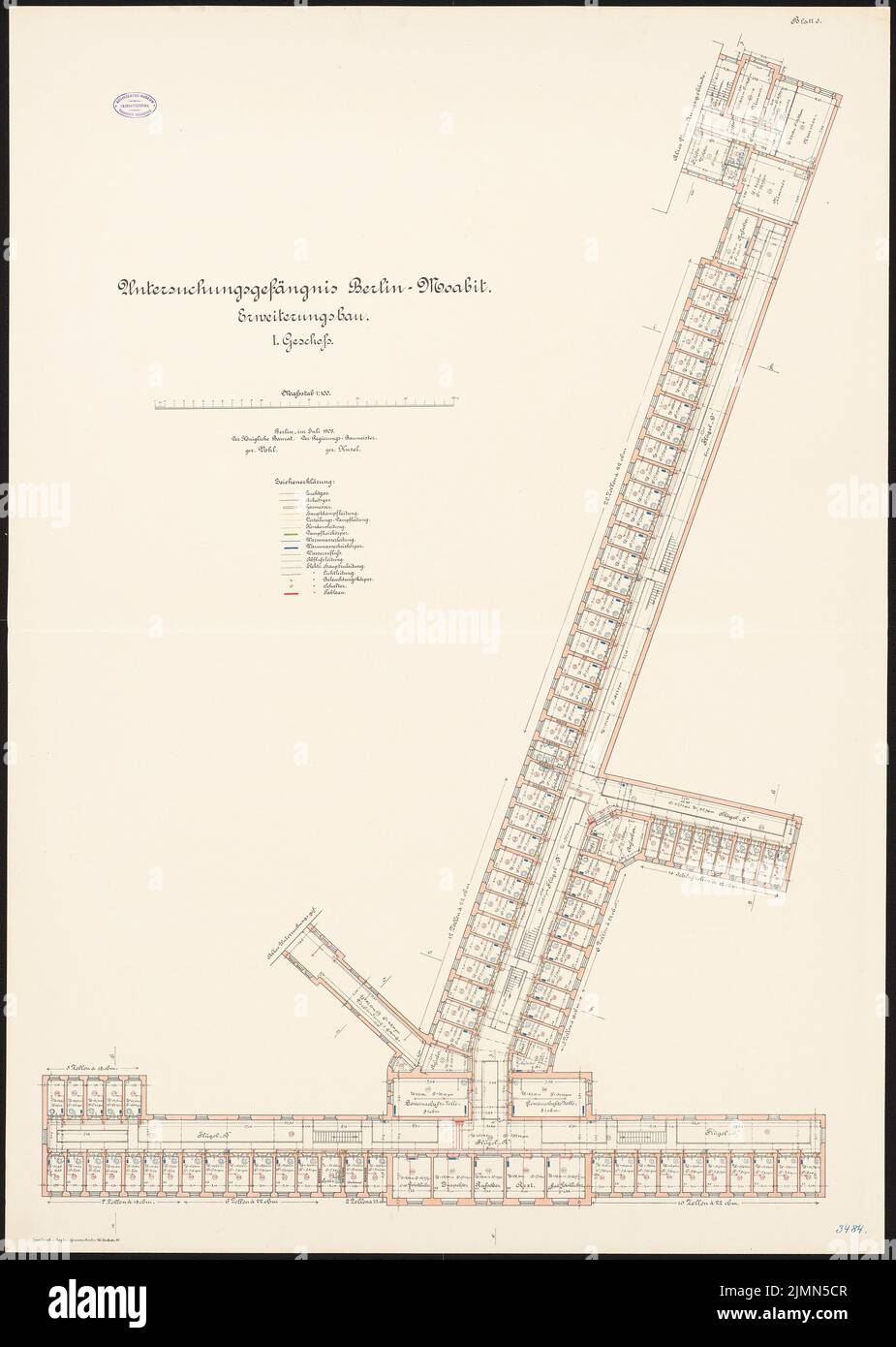 Mönnich Rudolf (1854-1922), tribunale penale e prigione dell'inchiesta, Berlin-Moabit. Ampliamento per un'estensione dell'indagine (1902-1906): Ampliamento della costruzione in prigione: Piano 1st piano 1: 100. Litografia, 131,1 x 93,3 cm (inclusi i bordi di scansione) Foto Stock