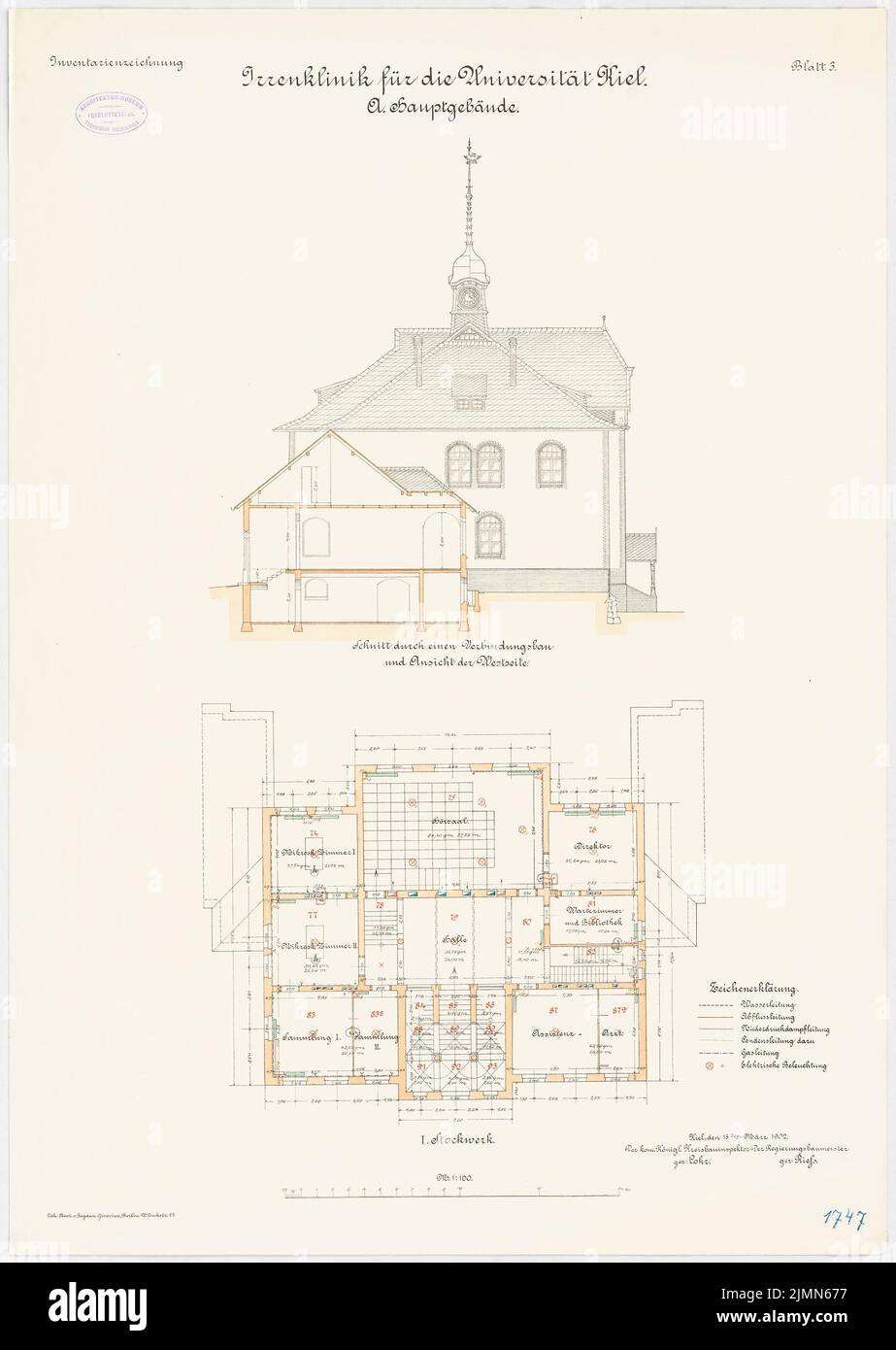 Architetto sconosciuto, clinica madman dell'Università degli Albrechts Cristiani di Kiel. Edificio principale (ca 1902): piano 1st piano, sezione con vista ovest, 1: 100. Litografia, 79 x 56,1 cm (inclusi i bordi di scansione) Foto Stock