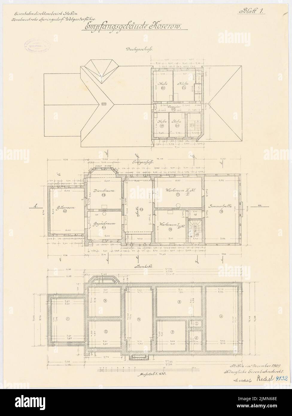 Architetto sconosciuto, edificio della reception della stazione, Koserow (ca 1909): Grundriss Bankette, EG, DG, 1: 100. Litografia, 67,6 x 50,7 cm (inclusi i bordi di scansione) Foto Stock