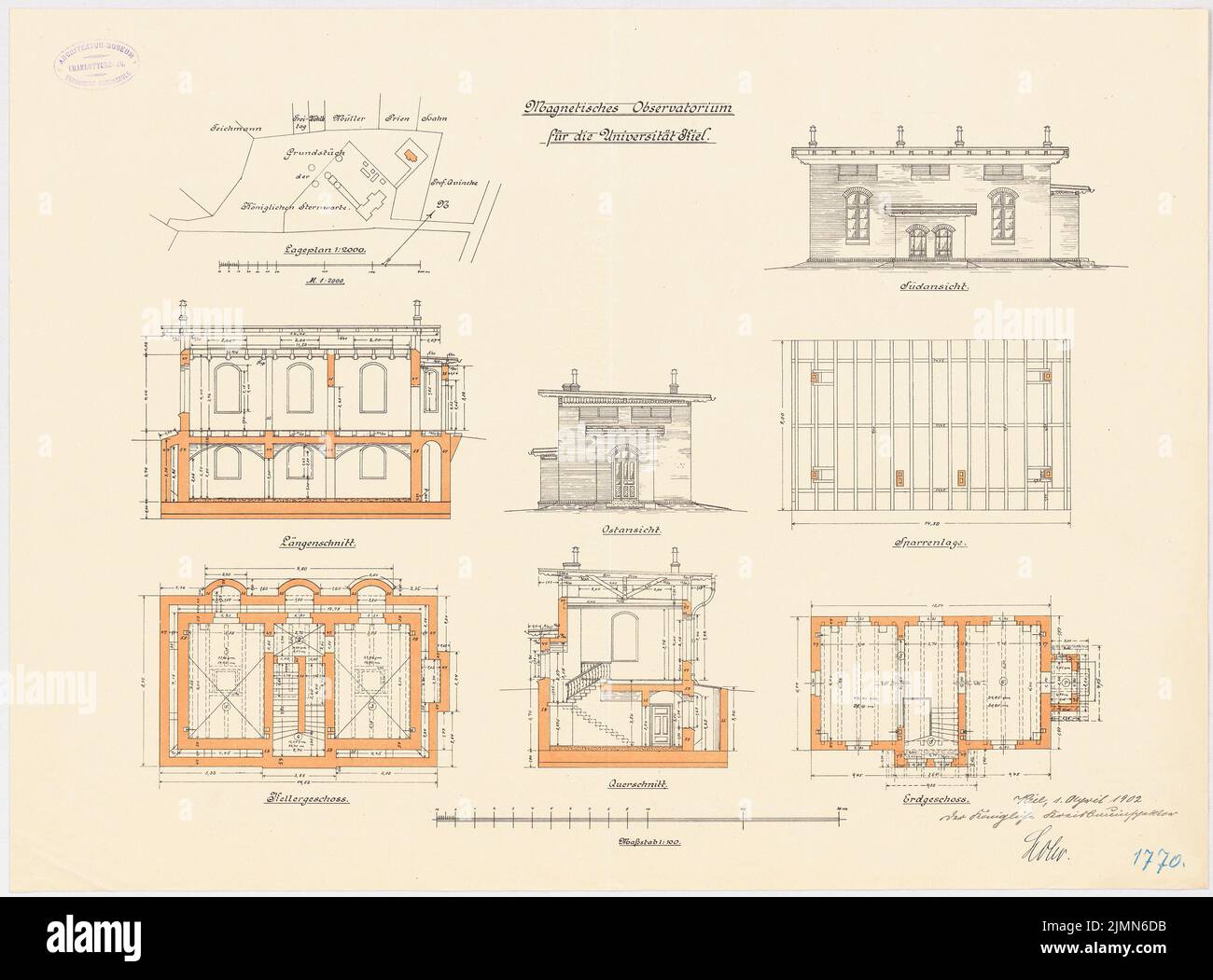 Architetto sconosciuto, osservatorio magnetico della Christian Albrechts University Kiel (ca 1902): Dipartimento 1: 2000, pianta del pavimento KG, EC, travi, sezione trasversale e longitudinale, vista est, vista sud 1: 100. Litografia, 46,8 x 63,3 cm (inclusi i bordi di scansione) Foto Stock