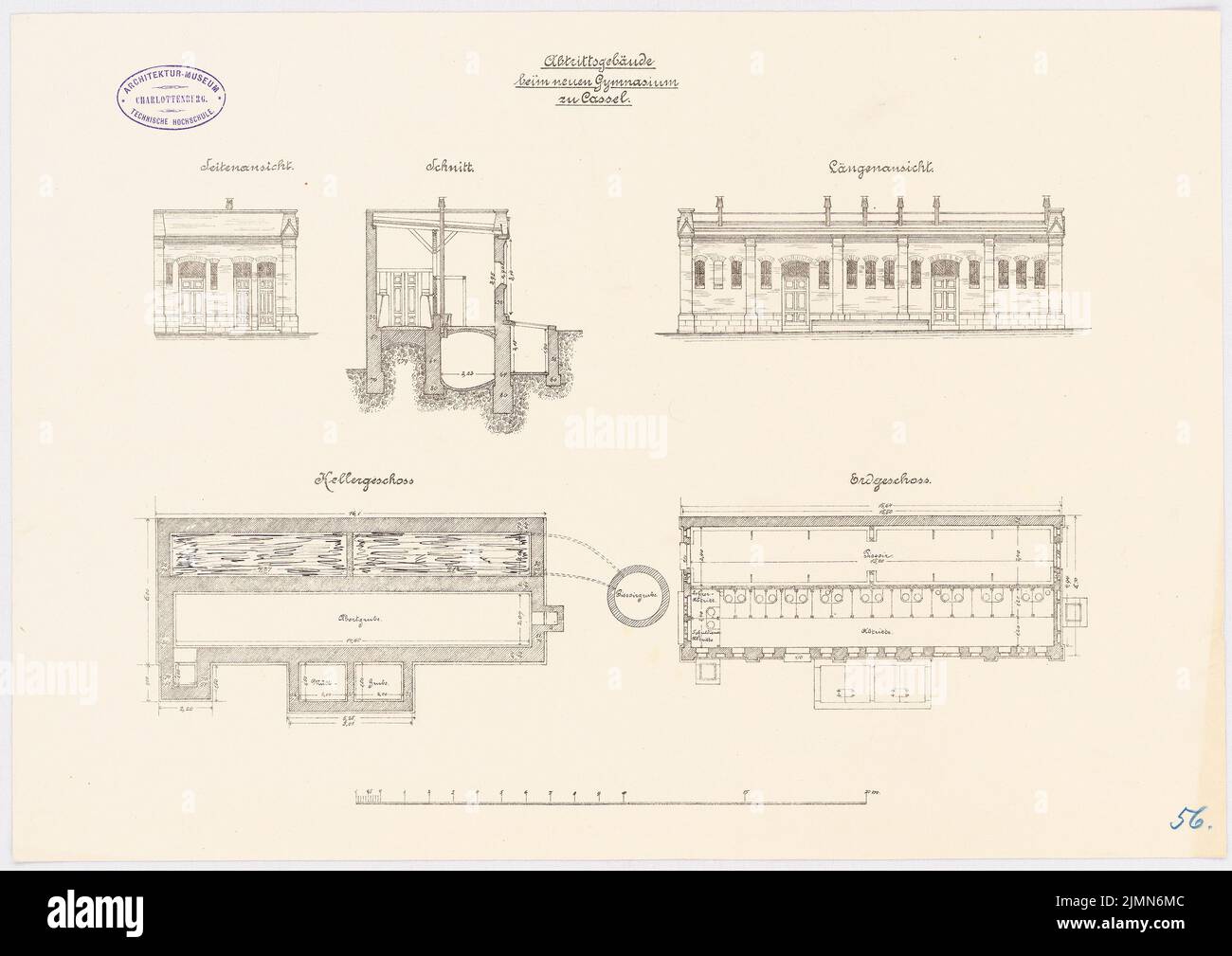 Architetto sconosciuto, scuola superiore, Kassel. Edificio Tailorship (ca 1886): Pianta del pavimento KG, EC, vista in sezione, vista laterale e vista in lunghezza 1: 100. Litografia, 35,9 x 50,9 cm (inclusi i bordi di scansione) Foto Stock