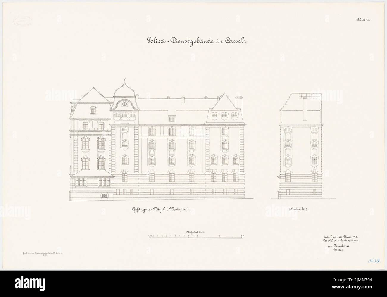 Architetto sconosciuto, edificio del servizio di polizia, Kassel (1908): Visualizzazioni 1: 100. Litografia, 61 x 87,2 cm (inclusi i bordi di scansione) Foto Stock