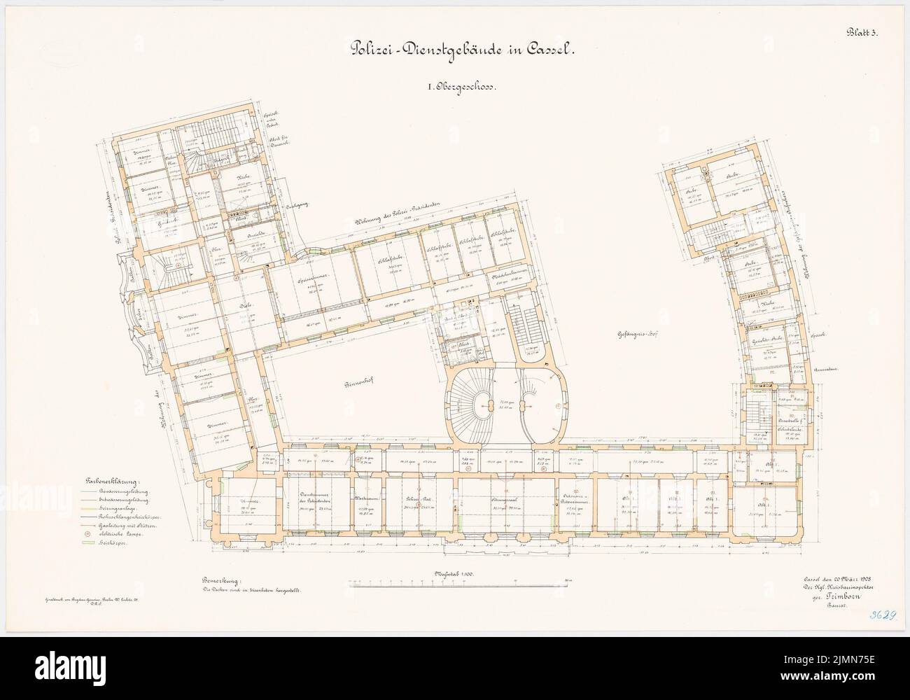 Architetto sconosciuto, edificio di servizio della polizia, Kassel (1908): Piano 1st piano 1: 100. Litografia, 61,1 x 87,2 cm (inclusi i bordi di scansione) Foto Stock