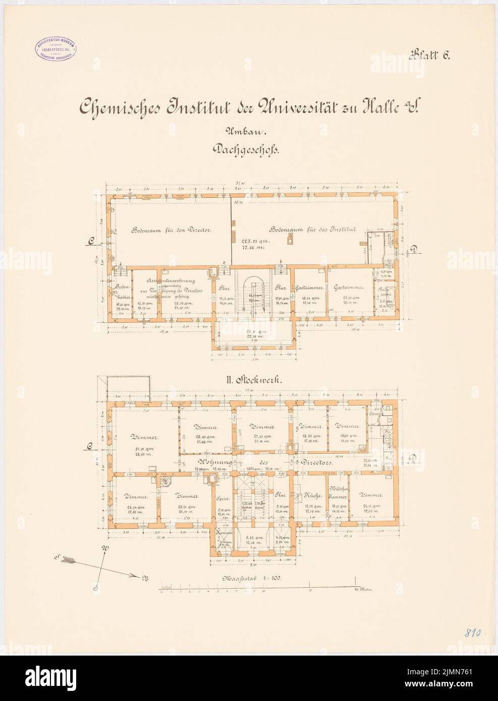 Architetto sconosciuto, Istituto chimico della Martin Luther University Halle/Saale. Conversione ed espansione (circa 1894): pianta 2nd piano, mansarda 1: 100. Litografia, 71,2 x 54 cm (inclusi i bordi di scansione) Foto Stock