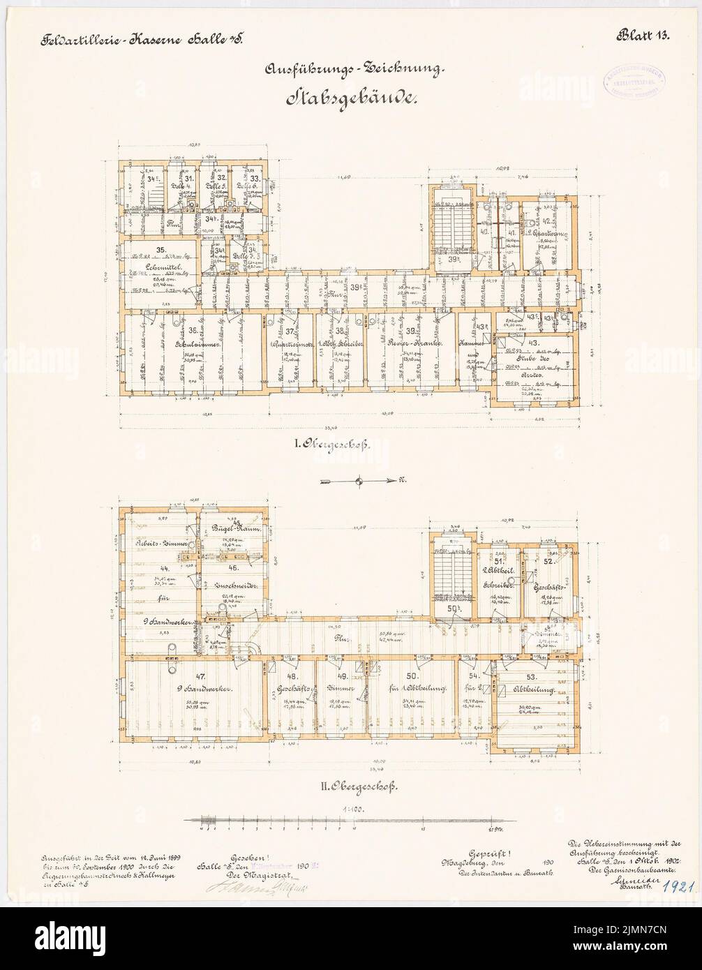 Knoch & Kallmeyer, caserme di artiglieria da campo a Halle/Saale (1899-1902): Edificio in stab: Piano 1st e 2nd. Litografia, 65,5 x 50,7 cm (inclusi i bordi di scansione) Foto Stock