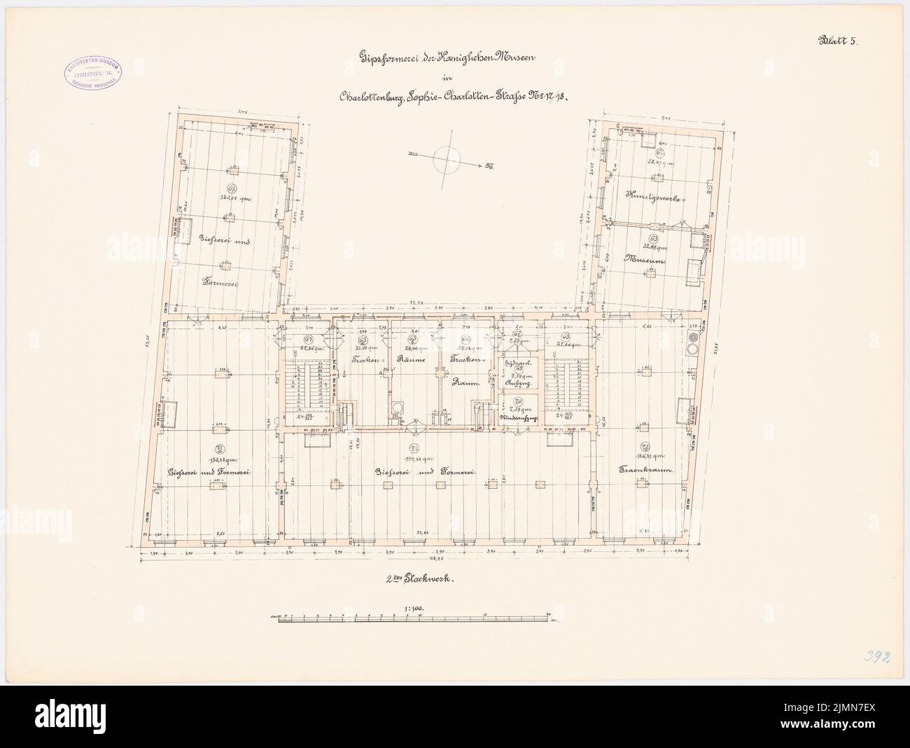 Architetto sconosciuto, forma in gesso dei Musei reali, Berlino-Charlottenburg (ca 1892): pianta 2nd piano 1: 100. Litografia, 53,6 x 71,2 cm (inclusi i bordi di scansione) Foto Stock