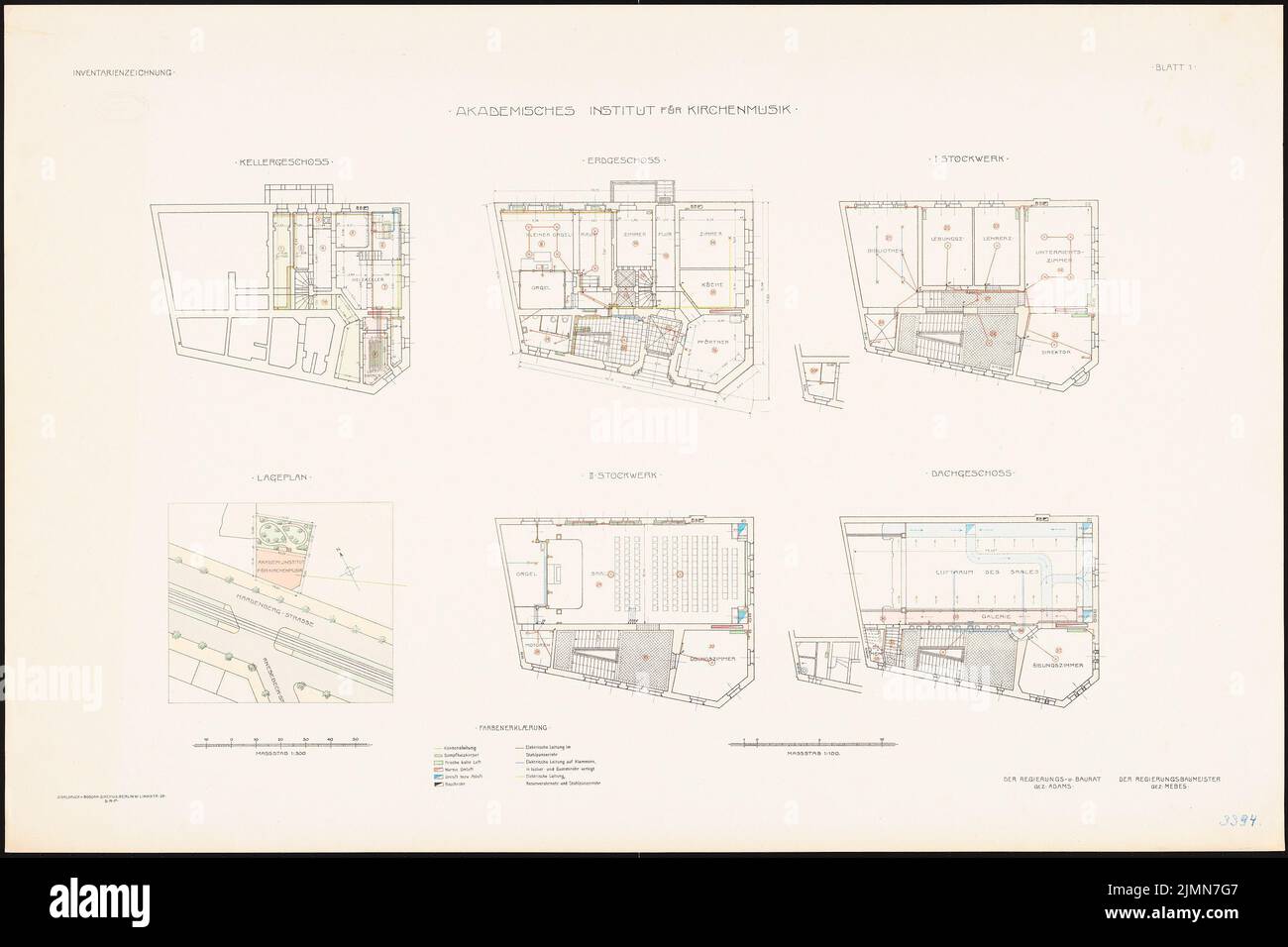 Adams Anton (1856-1915), Istituto Accademico di Musica della Chiesa di Berlino-Charlottenburg (1902-1903): Pianta del sito 1: 500, piano seminterrato, piano terra, 1st piano, 2nd piano, attico 1: 100. Litografia, 68,4 x 102,7 cm (inclusi i bordi di scansione) Foto Stock