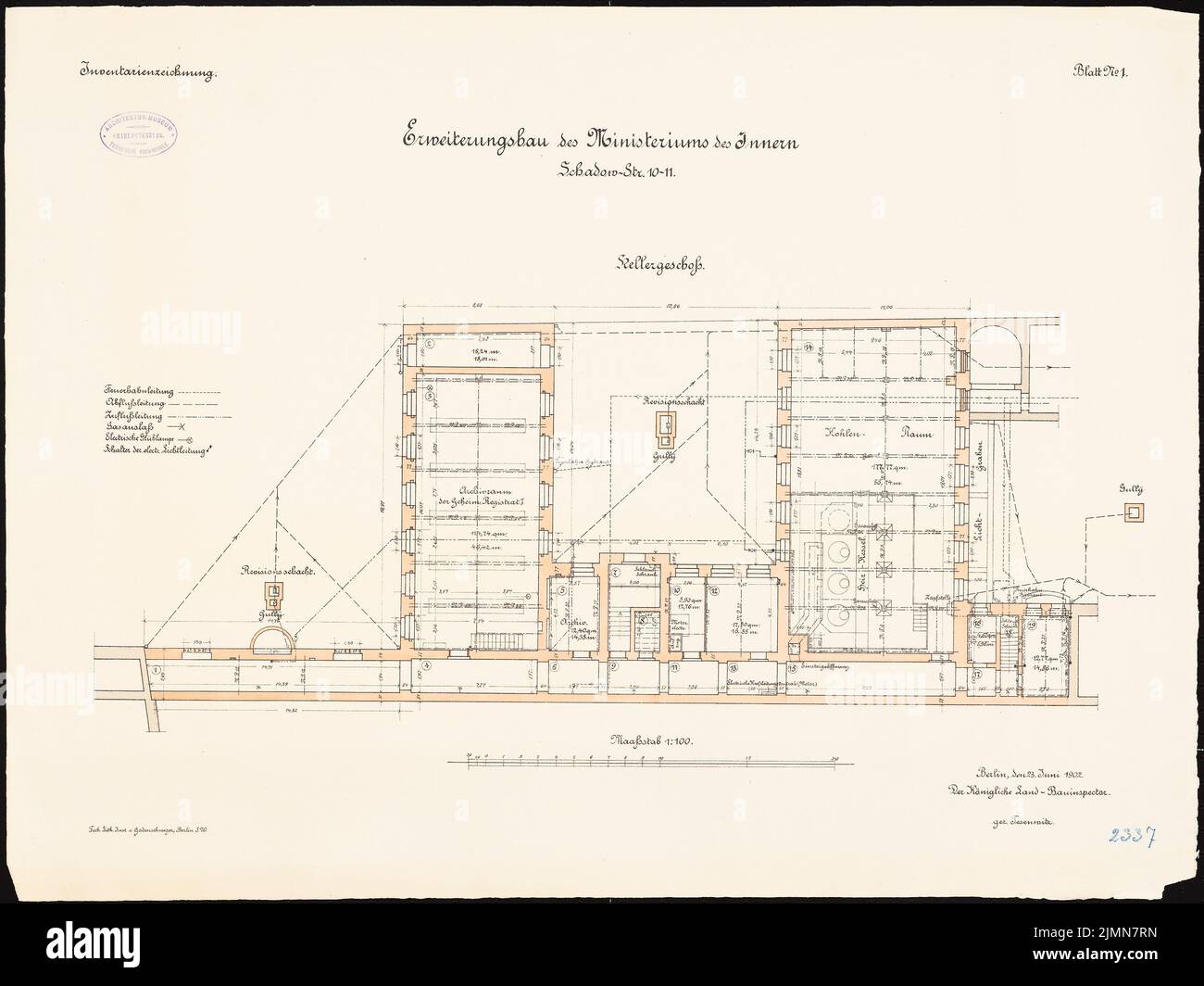 Kern Walter (1860-1912), Ministero degli interni, Berlino. Ampliamento (1900-1902): Grundriss seminterrato 1: 100. Litografia, 52,5 x 70 cm (inclusi i bordi di scansione) Foto Stock