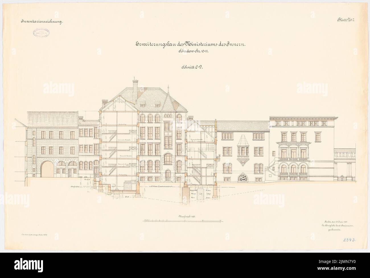 Kern Walter (1860-1912), Ministero degli interni, Berlino. Struttura di prolunga (1900-1902): Sezione trasversale 1: 100. Litografia, 70,2 x 102,7 cm (inclusi i bordi di scansione) Foto Stock