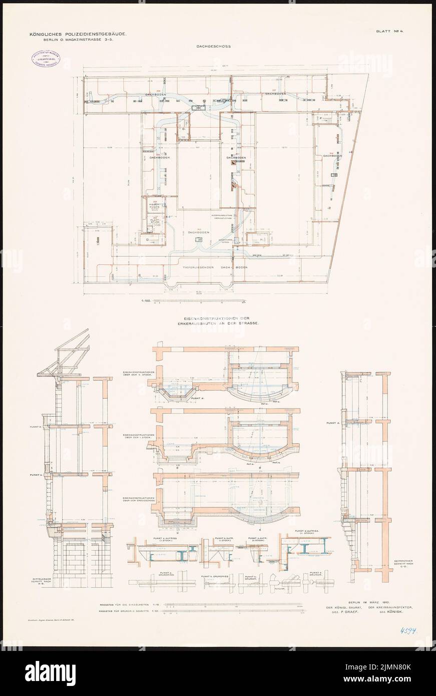 Launer Oskar, edificio di servizio della polizia, Berlino (1907-1909): Strutture in ferro della baia estensioni: Piano terra piano, 1st piano, 2nd piano, tagli 1:50, dettagli 1:10. Litografia, 103 x 69 cm (inclusi i bordi di scansione) Foto Stock