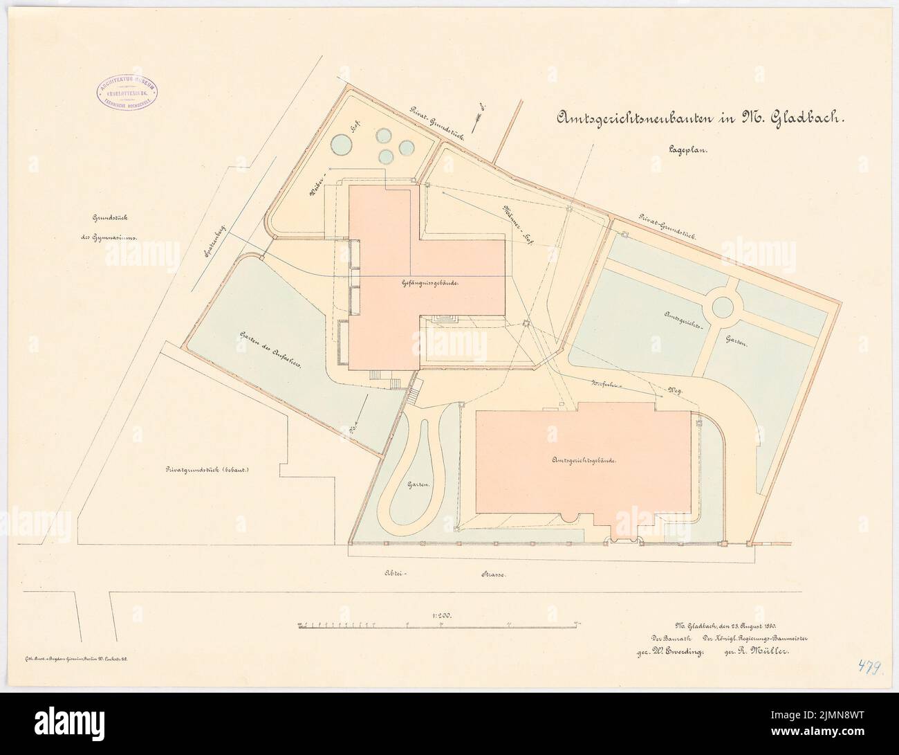Endell Karl Friedrich (1843-1891), tribunale distrettuale e prigione di Mönchengladbach (1890): Dipartimento 1: 200. Litografia, 51,1 x 66,3 cm (inclusi i bordi di scansione) Foto Stock