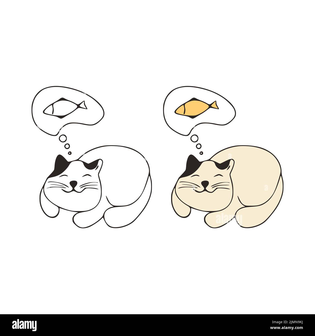 Divertente gatto sogni di pesce barbatella icona. Carino animali su sfondo bianco. Foto Stock